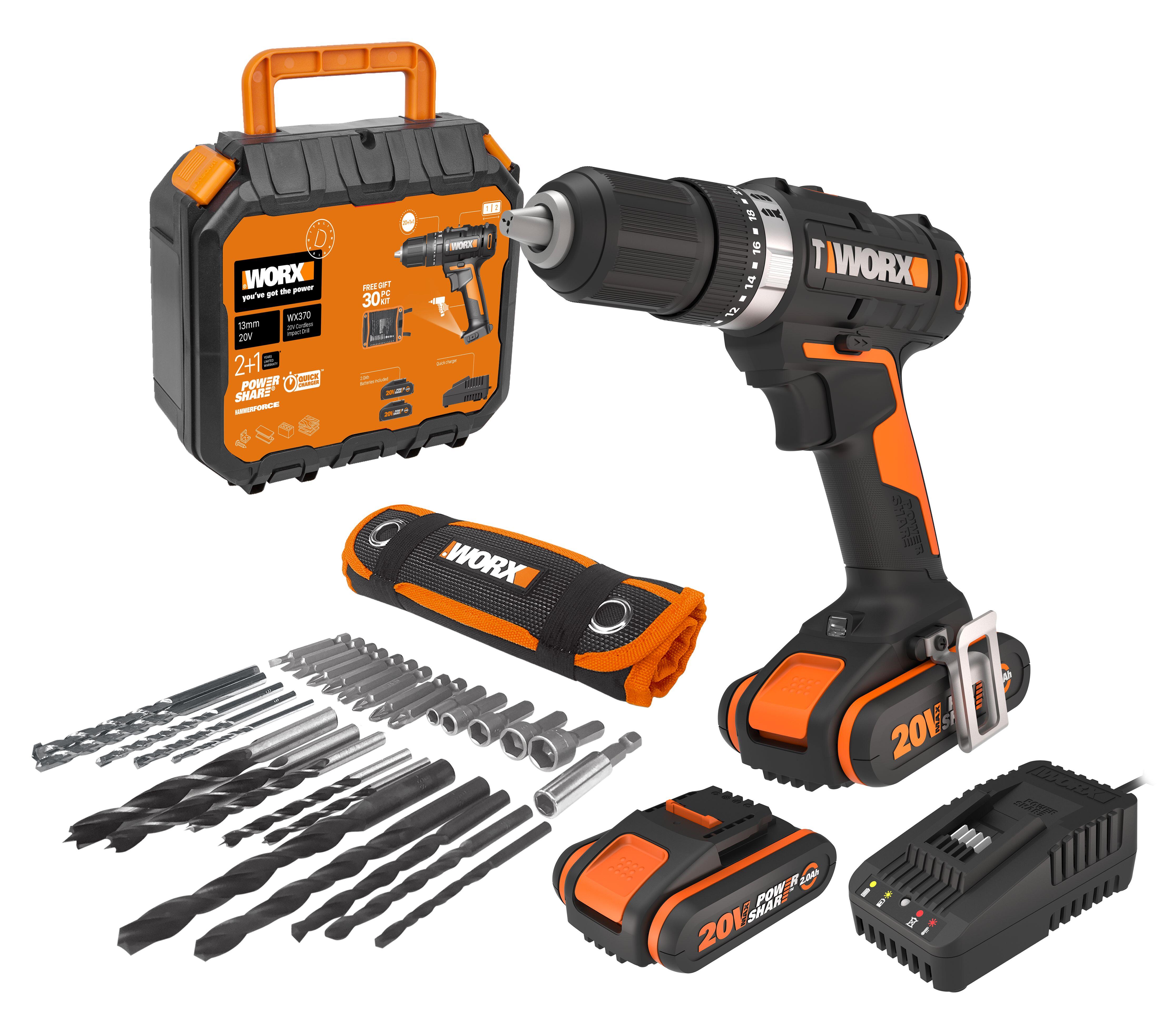 Taladro percutor a batería WORX 20V - 2 baterias :2 baterías de 20V y 2,0Ah - cargador de batería rápido de 1 hora, 1 estuche enrollable con 30 brocas y puntas, 1 maletín de transporte - POWERSHARE - 5