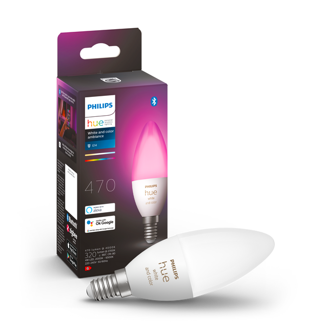 Bombilla Inteligente LED E14 forma vela 470 lúmenes 5.3W color de la luz blanco frío 6500K CRI 89-80 luz natural y fiel clase energética G