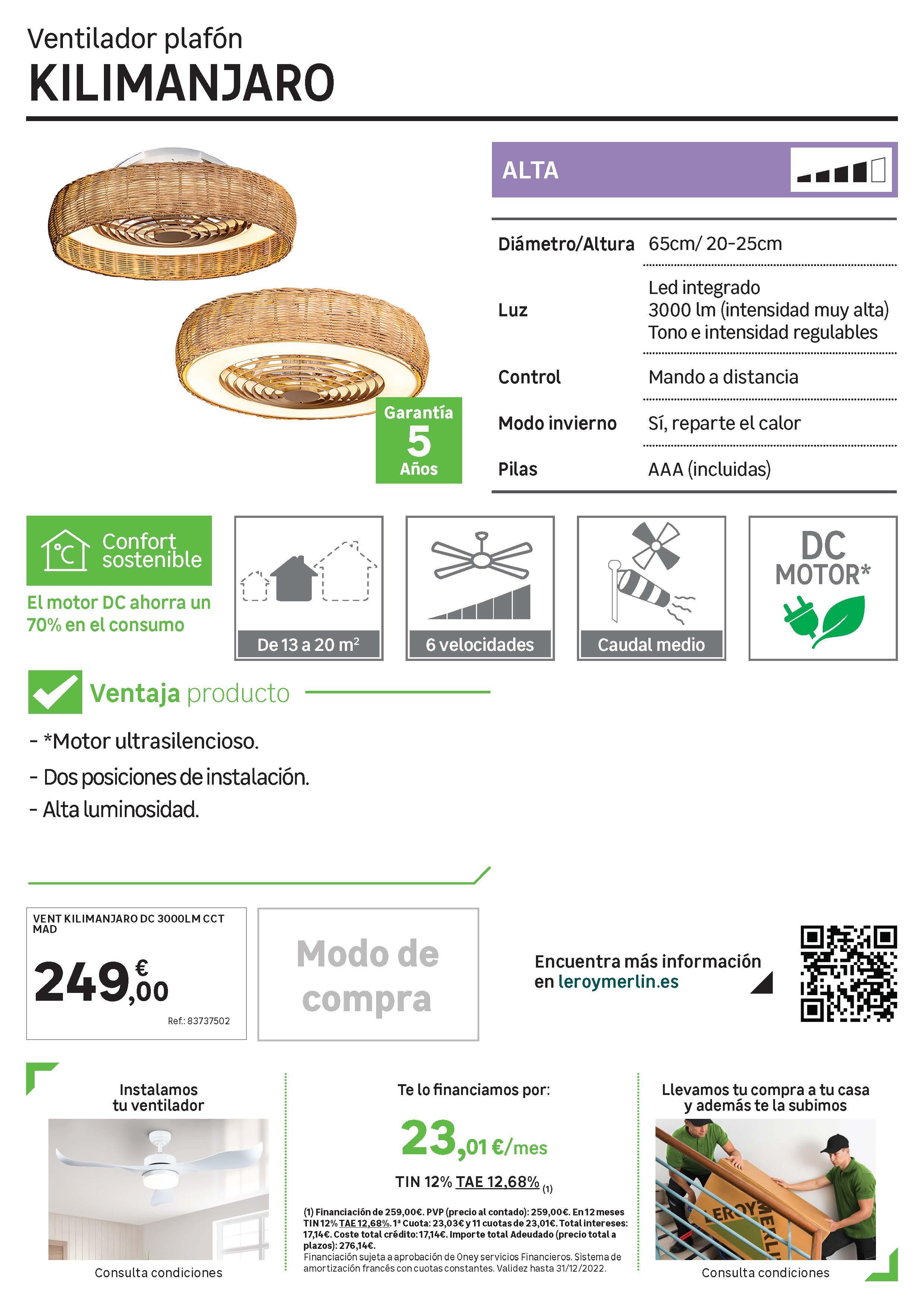 Ventoinha de teto com lâmpada 7 pás com comando 7700 Lm rattan Kilimanjaro Mantra
 - 8