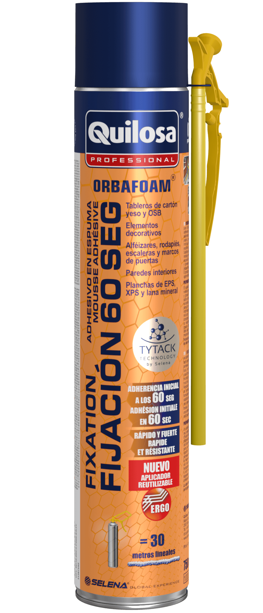 Espuma de poliuretano QUILOSA Orbafoam fijación 60 segundos 750 ml para paredes en color amarillo. Tiempo de secado 1 minuto. Aplicación manual. - 2
