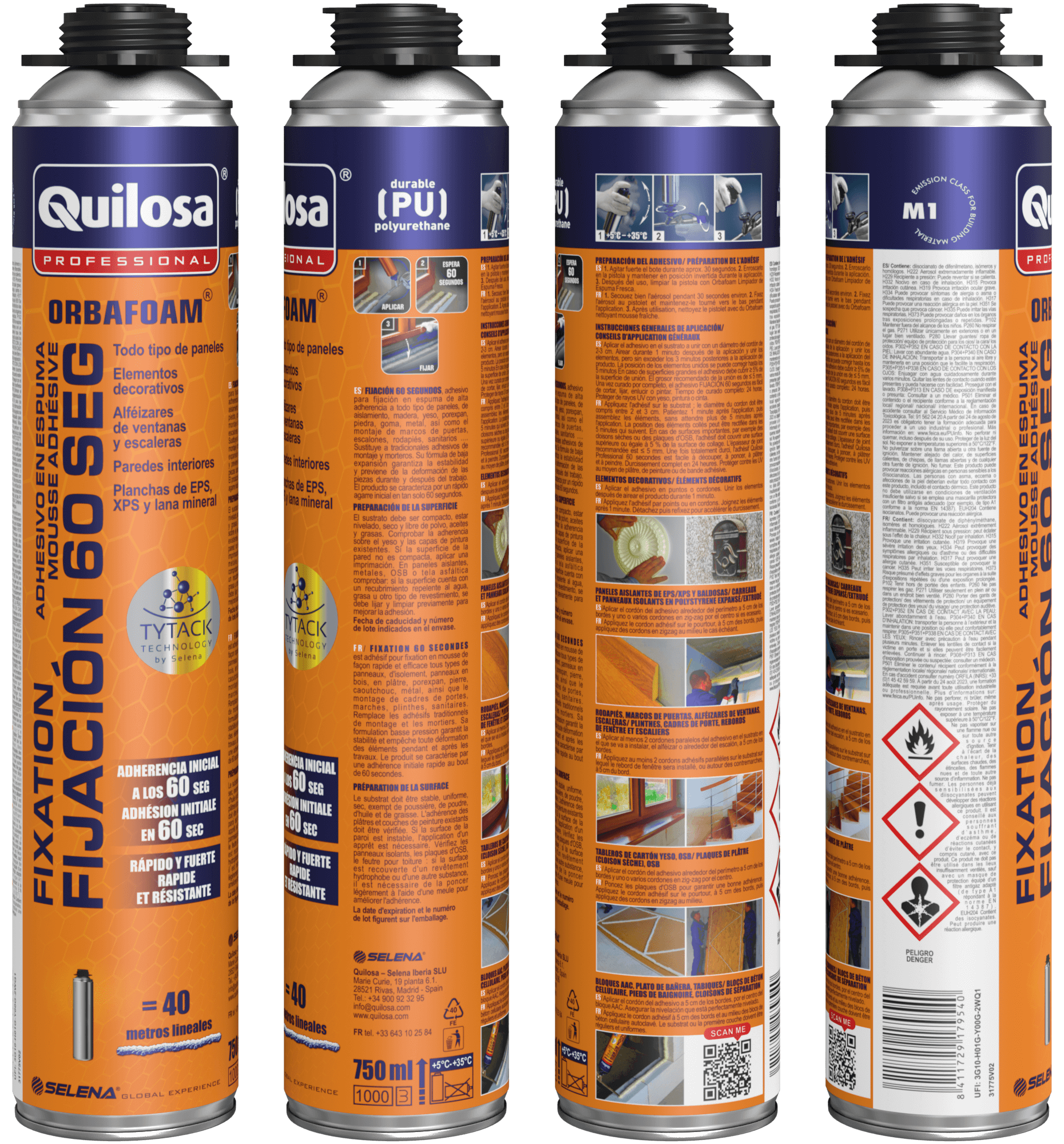 Espuma de poliuretano QUILOSA Orbafoam fijación 60 segundos 750 ml para paredes en color amarillo. Tiempo de secado 1 minuto. Aplicación con pistola. - 5