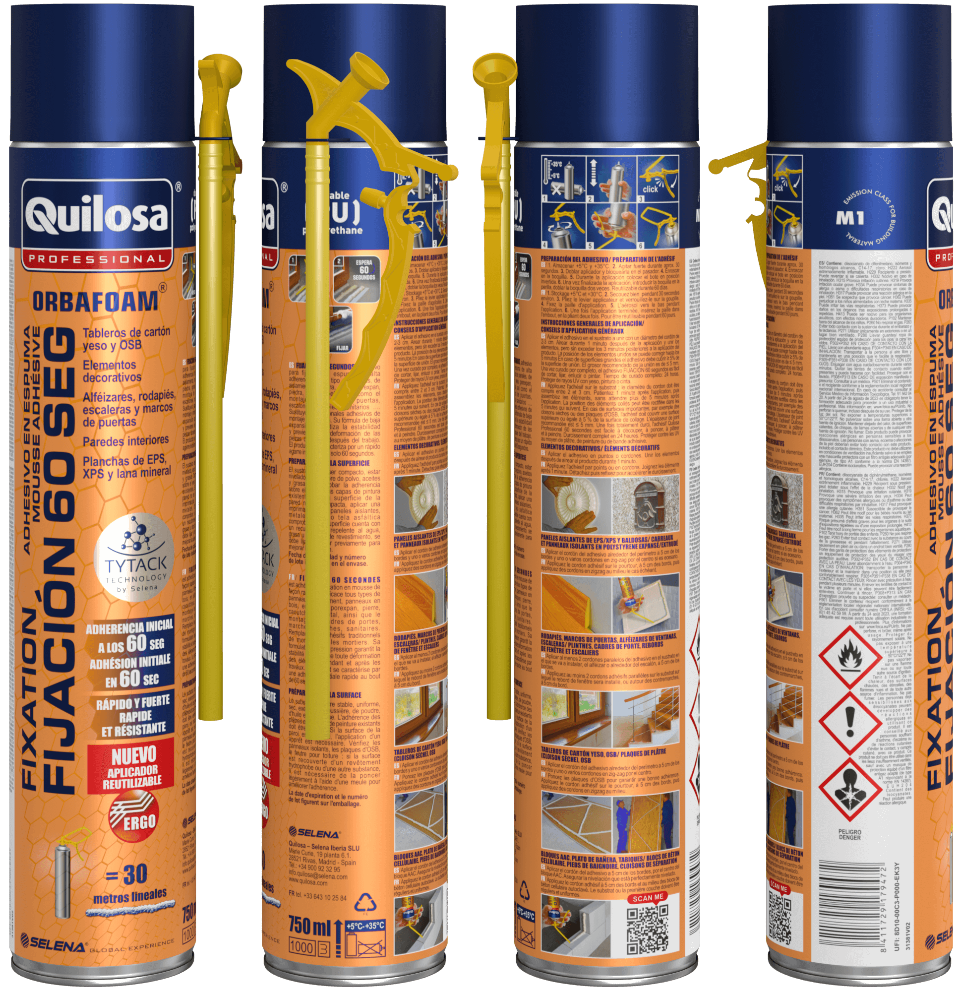 Espuma de poliuretano QUILOSA Orbafoam fijación 60 segundos 750 ml para paredes en color amarillo. Tiempo de secado 1 minuto. Aplicación manual. - 4