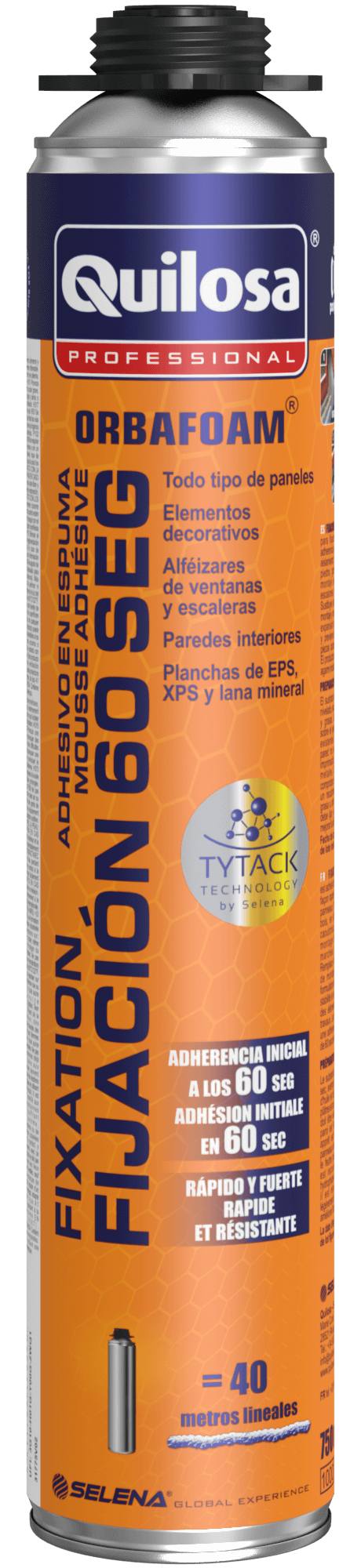Espuma de poliuretano QUILOSA Orbafoam fijación 60 segundos 750 ml para paredes en color amarillo. Tiempo de secado 1 minuto. Aplicación con pistola. - 2