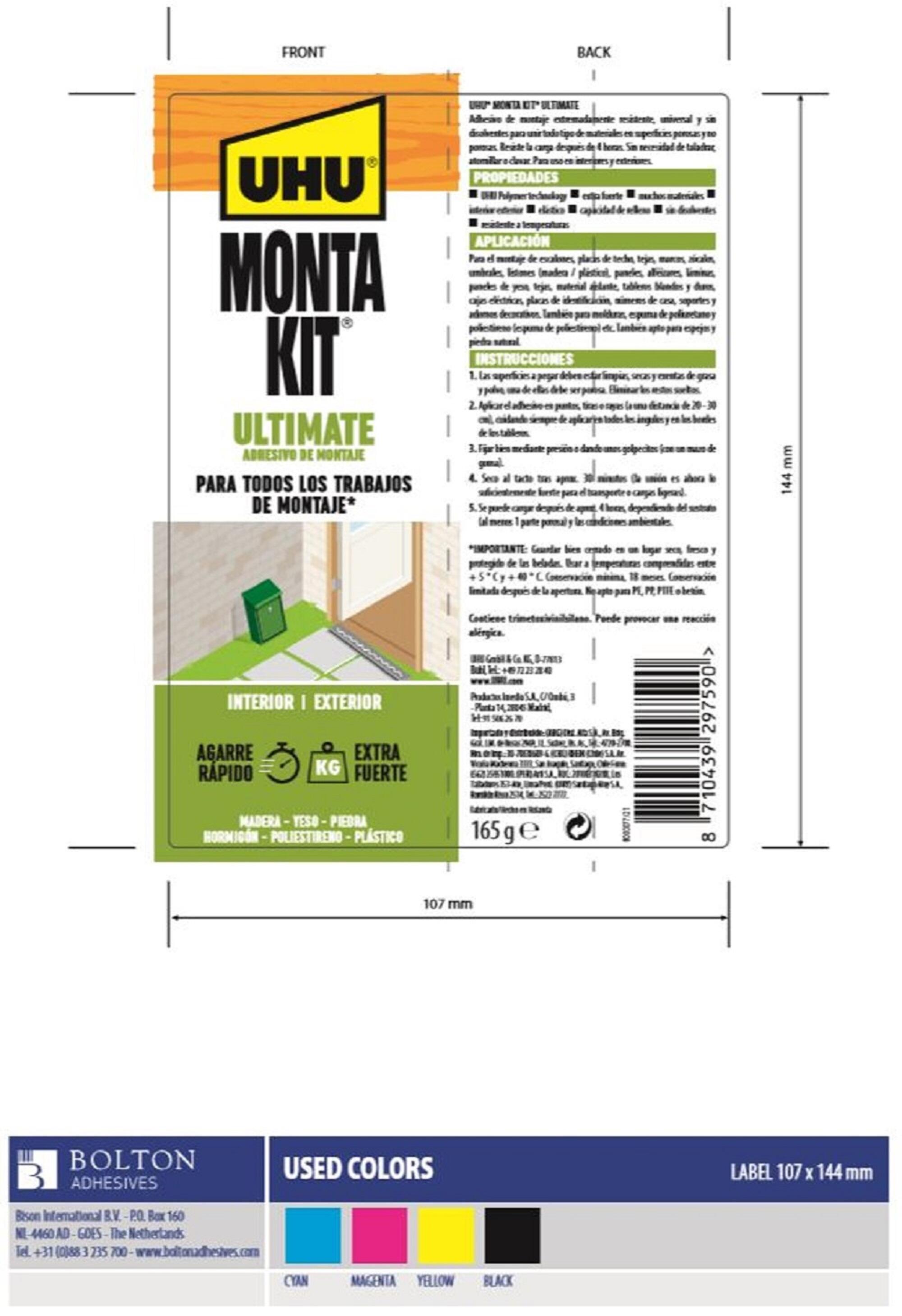 Adhesivo de montaje UHU Montakit Ultimate 165 gr blanco para madera, PVC, mármol, resistente al calor, resistente a las heladas, resistente a las vibraciones, impermeable, goma elástica. Para fijar un material a una superficie. - 3