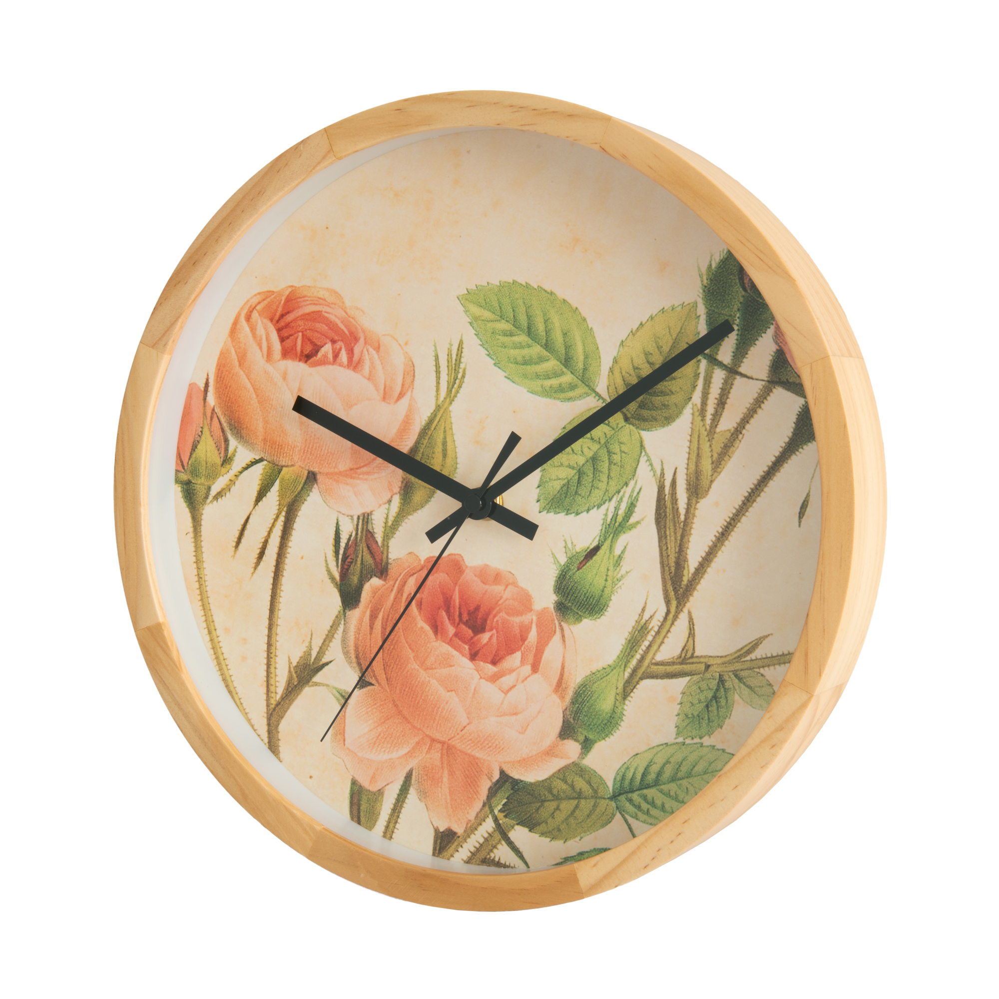 Reloj de pared redondo madera flores rojas de 30 cm