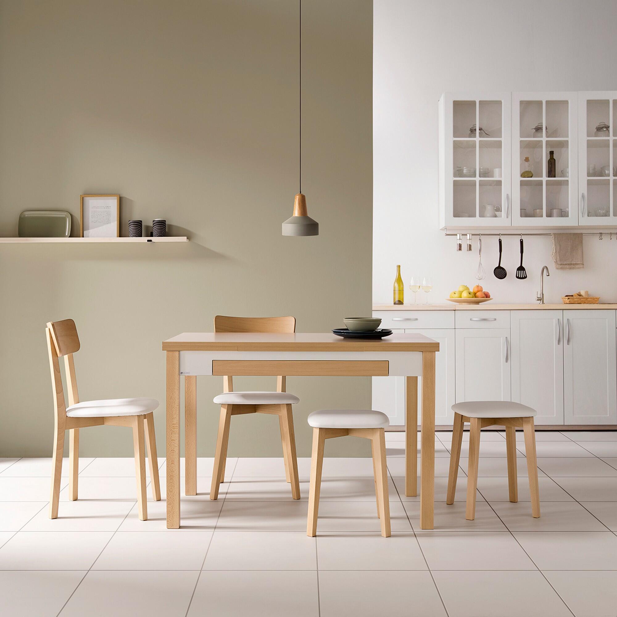 Taburete bajo de cocina Zoe armazón haya color natural y asiento michigan blanco - 3