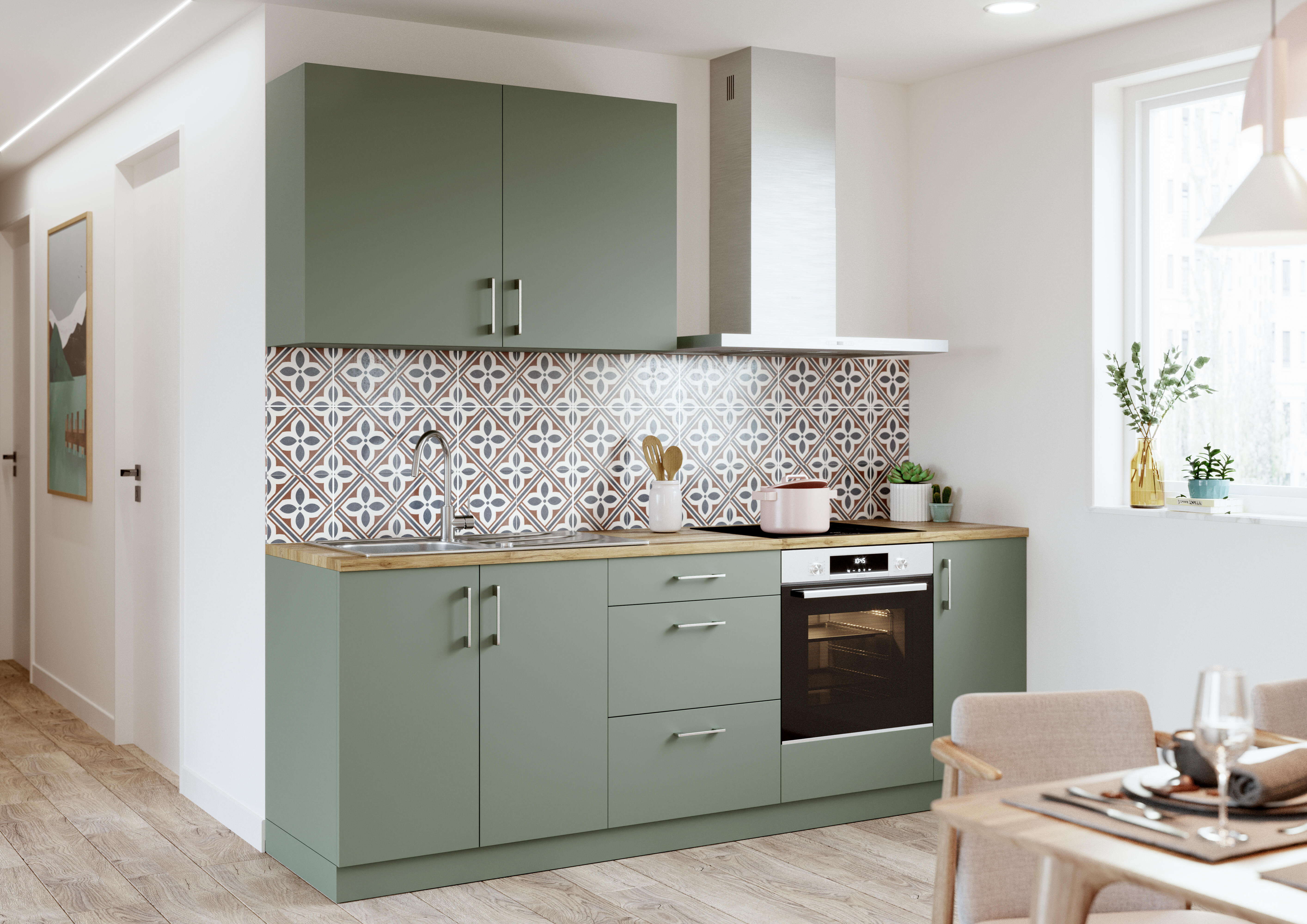 Cocina en kit vienne verde 240 cm con 2 módulos altos + 4 módulos bajos