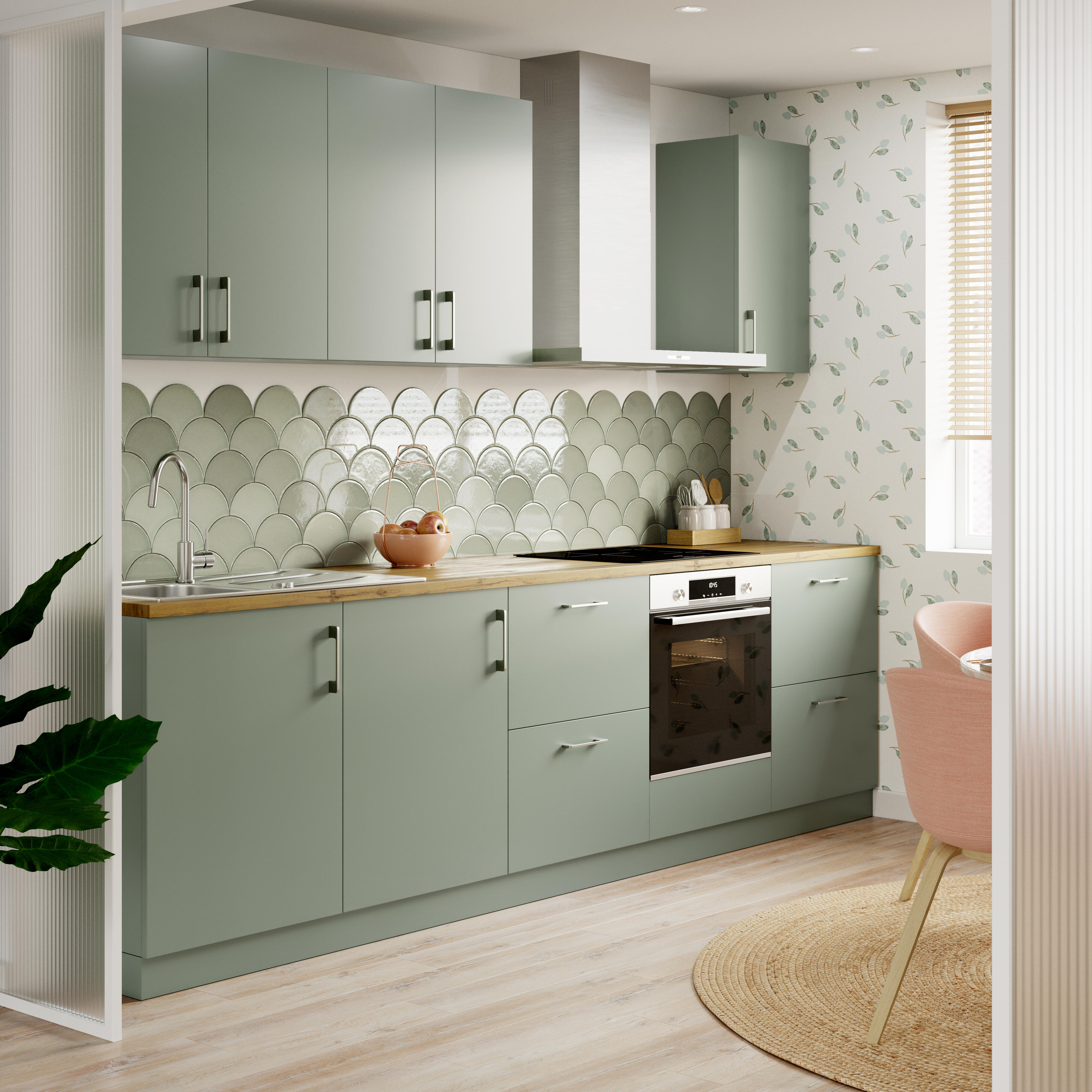 Cocina en kit vienne verde 300 cm con 3 módulos altos + 5 módulos bajos