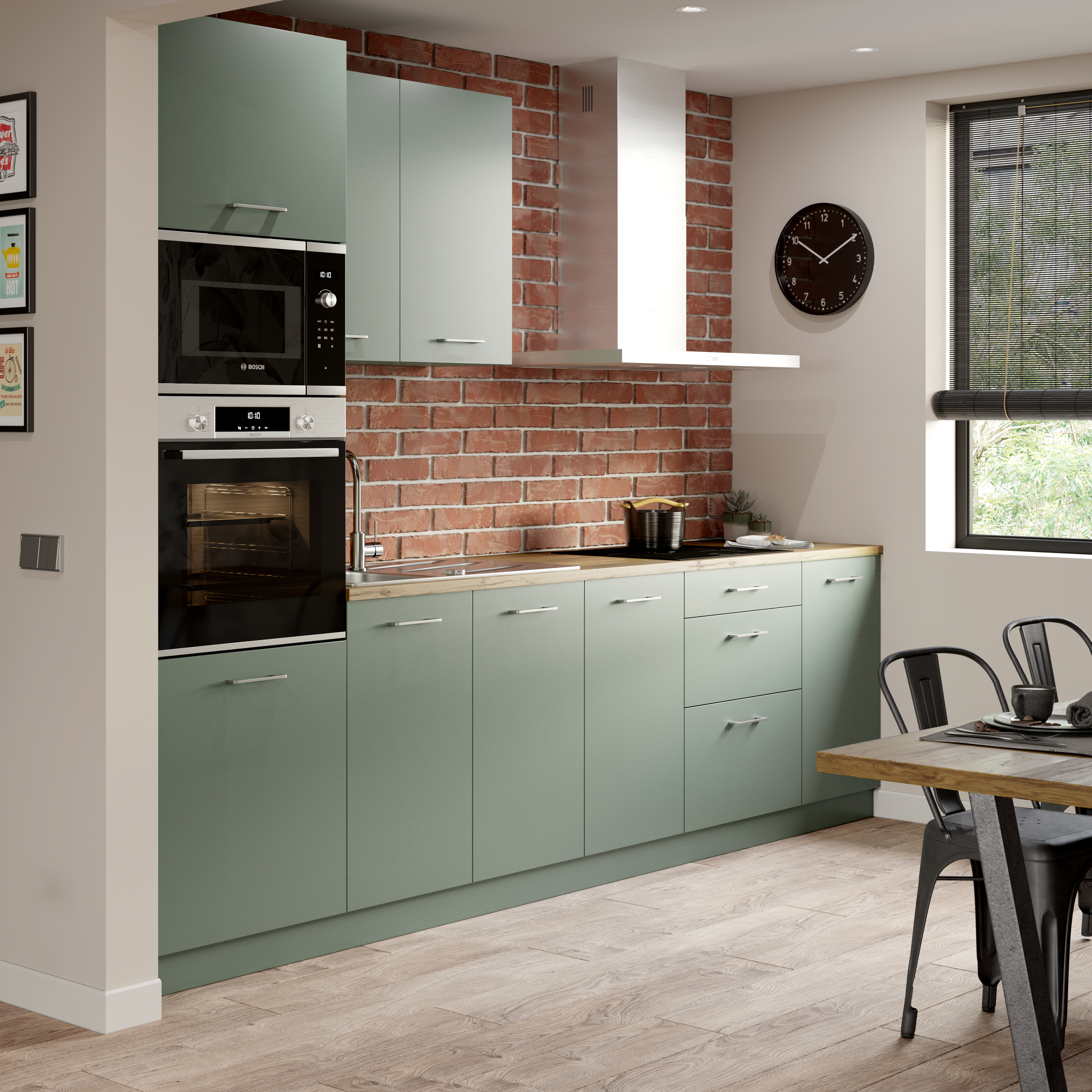 Cocina en kit viena verde 300 cm con 1 columna + 1 módulo alto + 4 módulos bajos