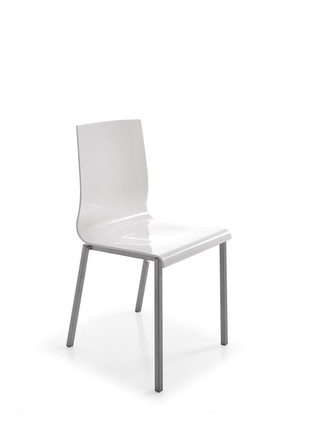 Silla de cocina Laura con estructura metálica en color aluminio y asiento de polipropileno blanco brillo