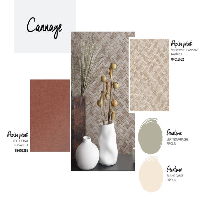 Cannage et couleurs subtiles : l’association gagnante de peinture et papier peint : Voici une ambiance authentique et épurée, avec un papier peint imitation cannage plus vrai que nature réhaussé de peinture aux teintes orangées et vertes. A la clé, un rendu sobre et élégant