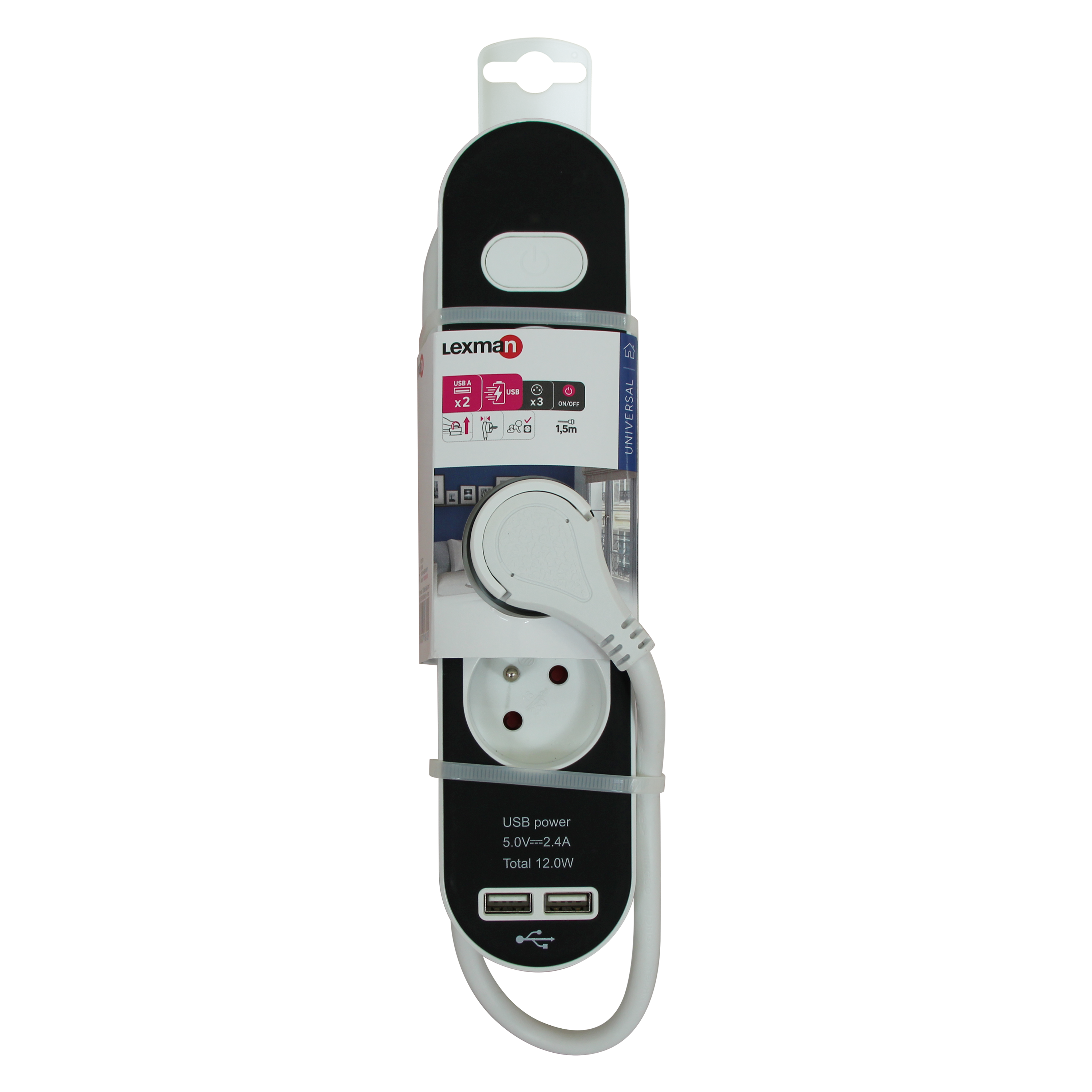 Przedłużacz z 3 gniazdami z uziemieniem i wyłącznikiem 2xUSB 1.5 m czarno-biały domowy LEXMAN - 8