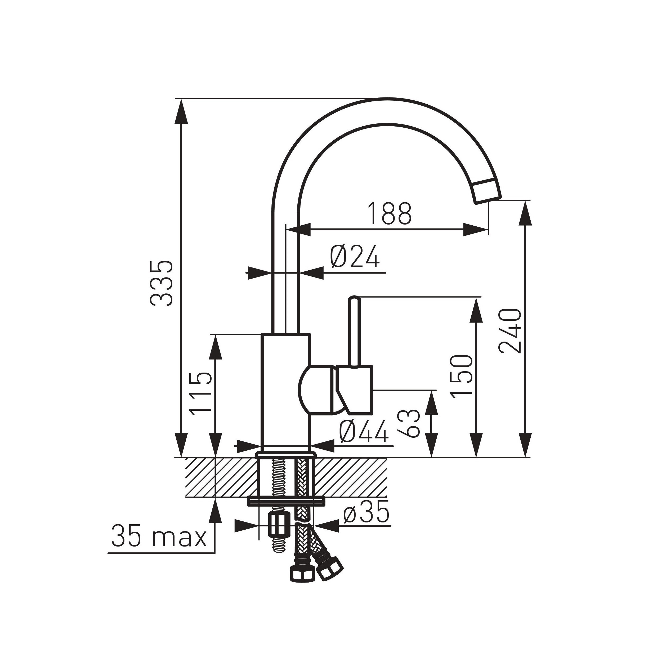 Bateria kuchenna Lecco Czarna wylewka U 33,5 cm Ferro - 3