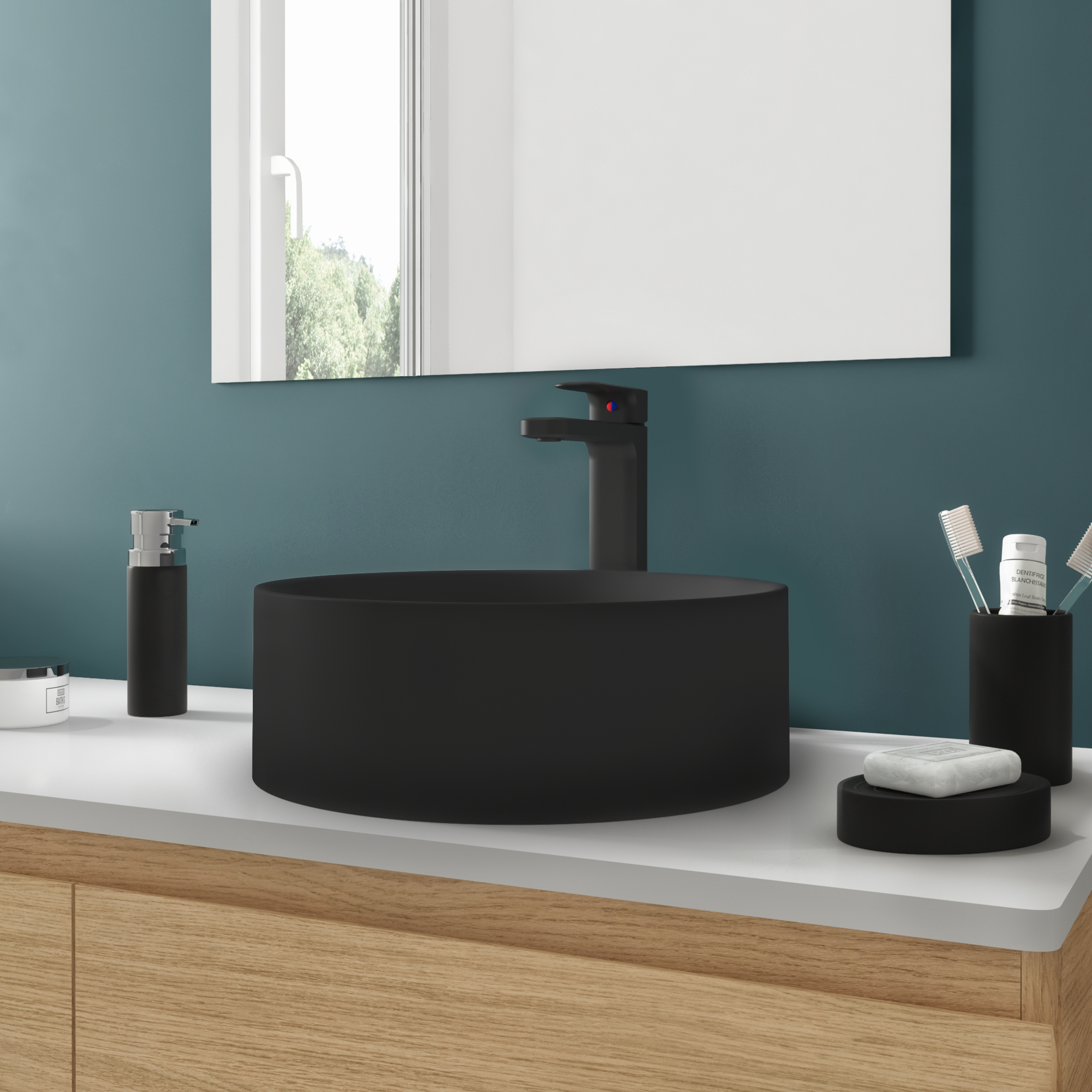 Lavabo da appoggio SENSEA tondo in composito minerale di resina gelificata nero opaco piletta non inclusa - 2