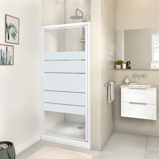 Mampara de ducha frontal 1 puerta batiente Essential. Perfil aluminio blanco. Ancho adaptable (77-80)x185 cm cristal templado de seguridad serigrafiado 4 mm. Cierre magnético con guía inferior Sensea