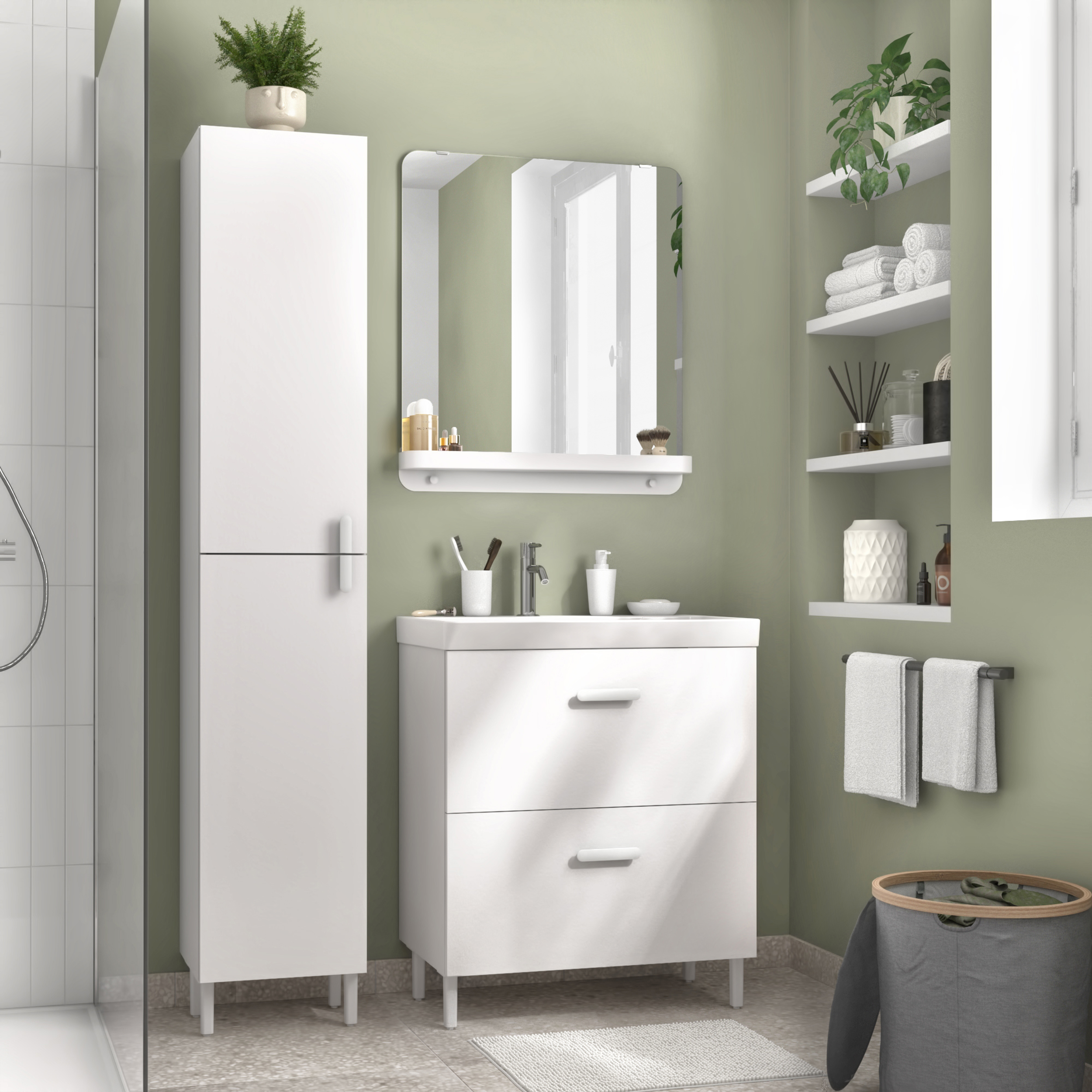 Mobile da bagno a terra sotto lavabo L 70 x H 80 x P 40 cm bianco laminato opaco, 2 cassetti SENSEA Easy - 5