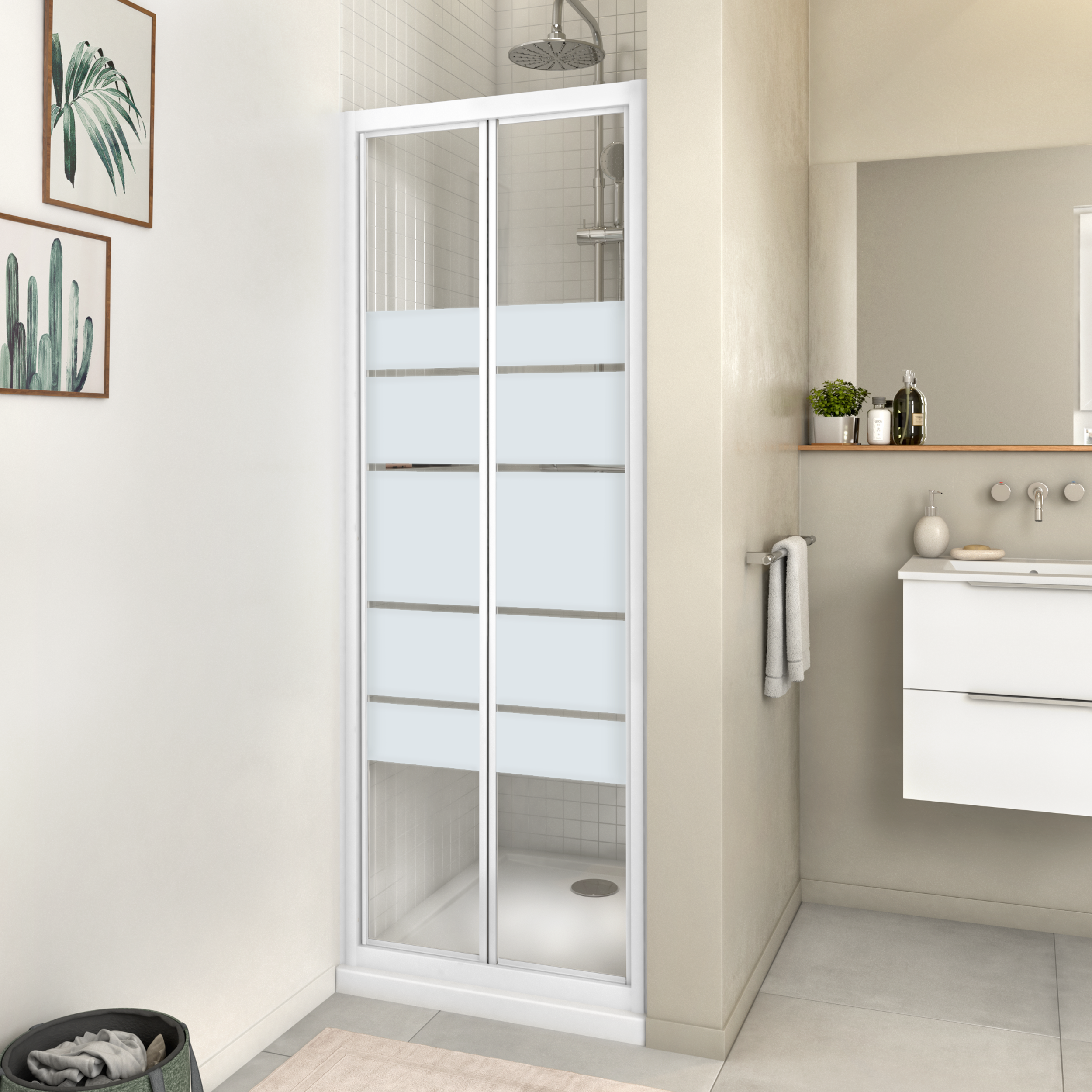 Mampara de ducha frontal plegable serigrafiada essential perfil blanco (67-70)x185 cm