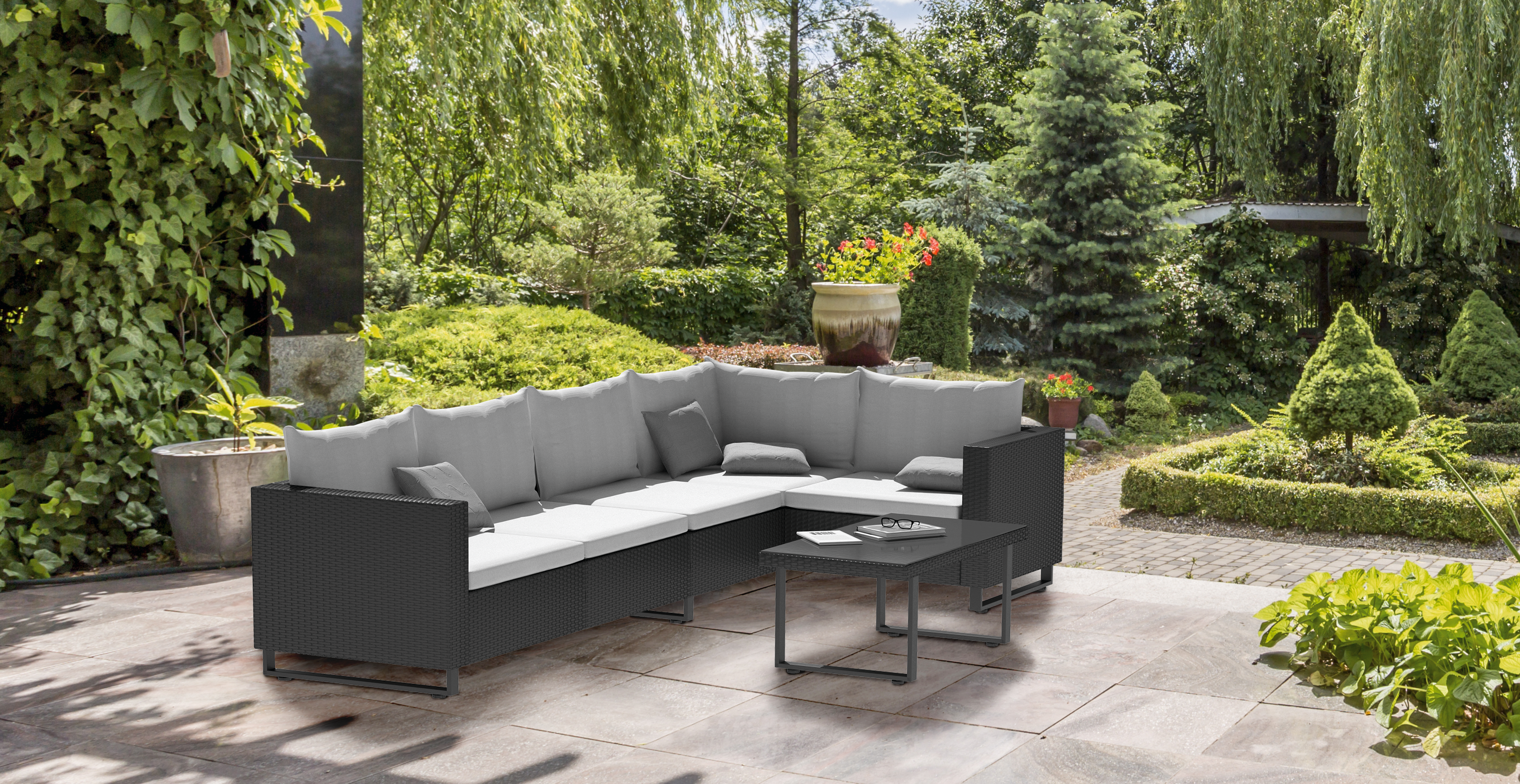 Poltrona centrale con cuscino grigio Noa NATERIAL, struttura in acciaio antracite seduta in rattan sintetico antracite, L 58 x H 62 x P 68 cm - 2