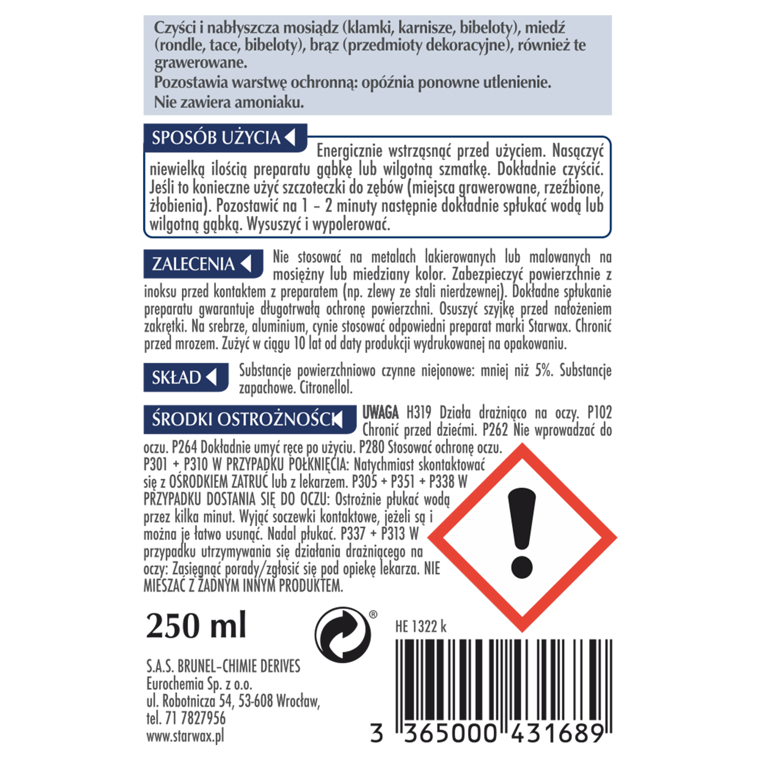 Środek czyszczący i nabłyszczający METALE mosiądz, miedź & brąz 0.25 l STARWAX - 3