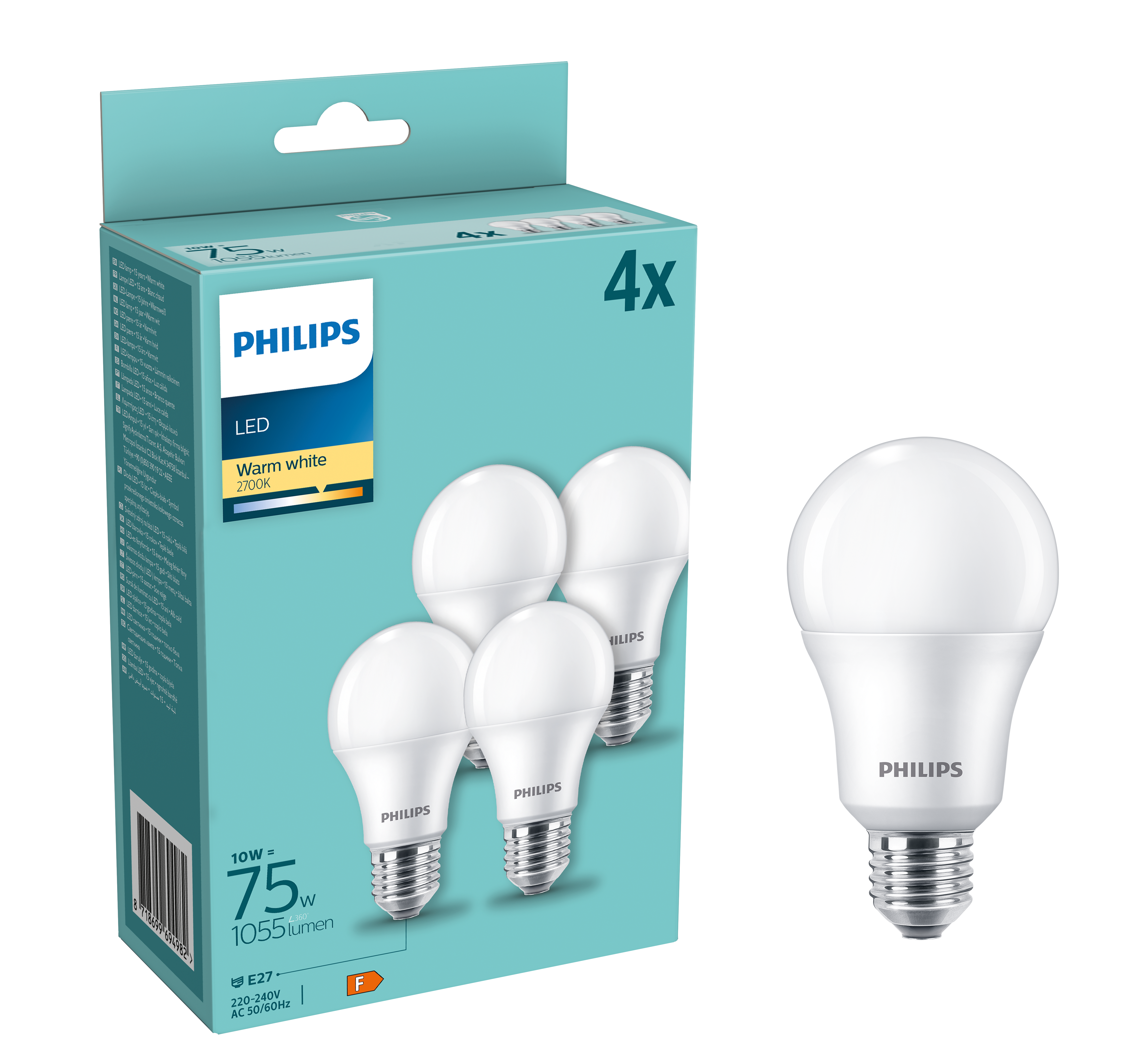 Set da 4 lampadine LED75WWSMDISX4P LED, E27 goccia, opaco, 10.5W = 1055 LM (equiv 75 W), 200°, PHILIPS - 7