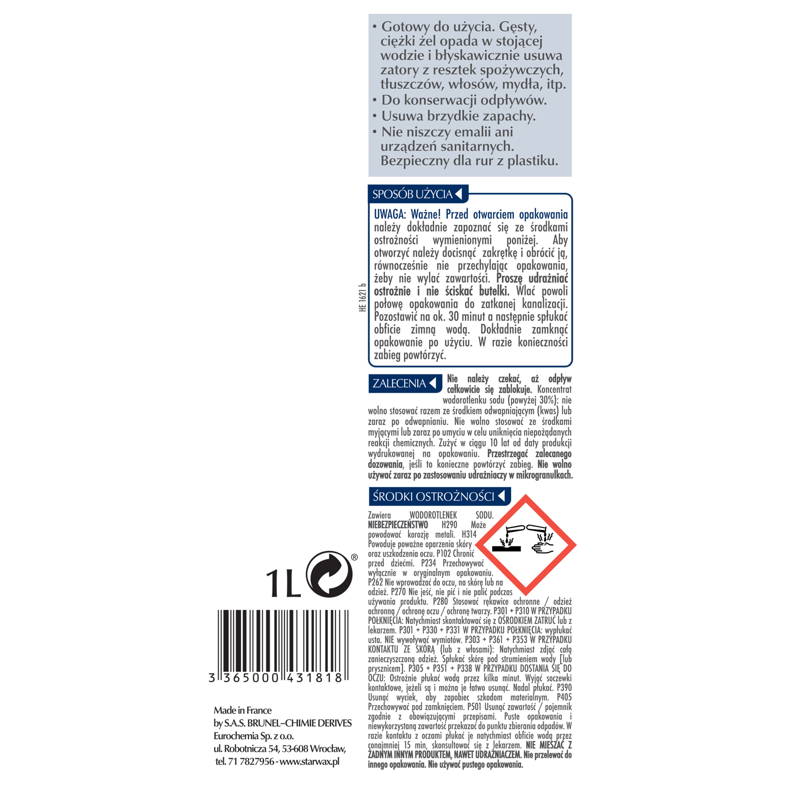 Odtykacz w żelu KANALIZACJA zlewy, umywalki 1 l STARWAX - 4