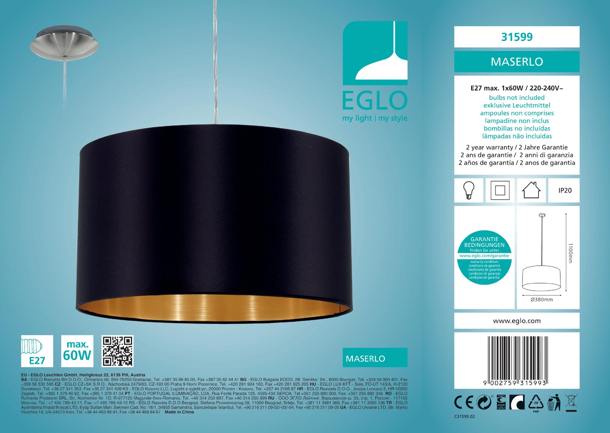 Lampadario Glamour Maserlo nero paralume nero E27 Ø38cm EGLO - 4