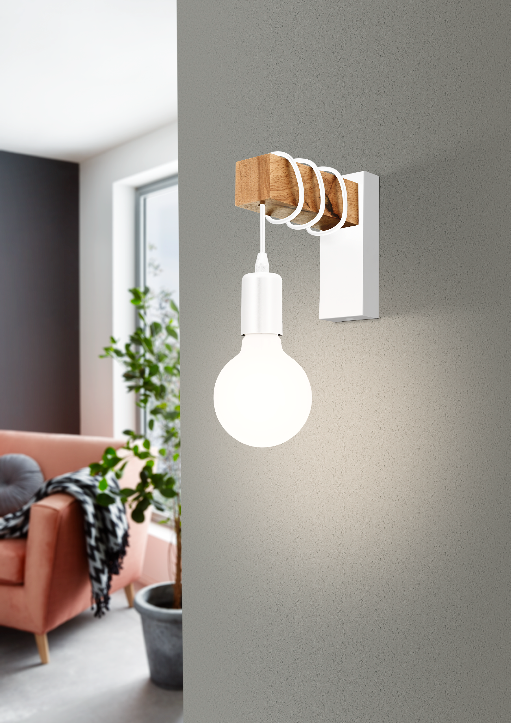 Kinkiet Townshend biały z drewnem E27 Eglo - 2