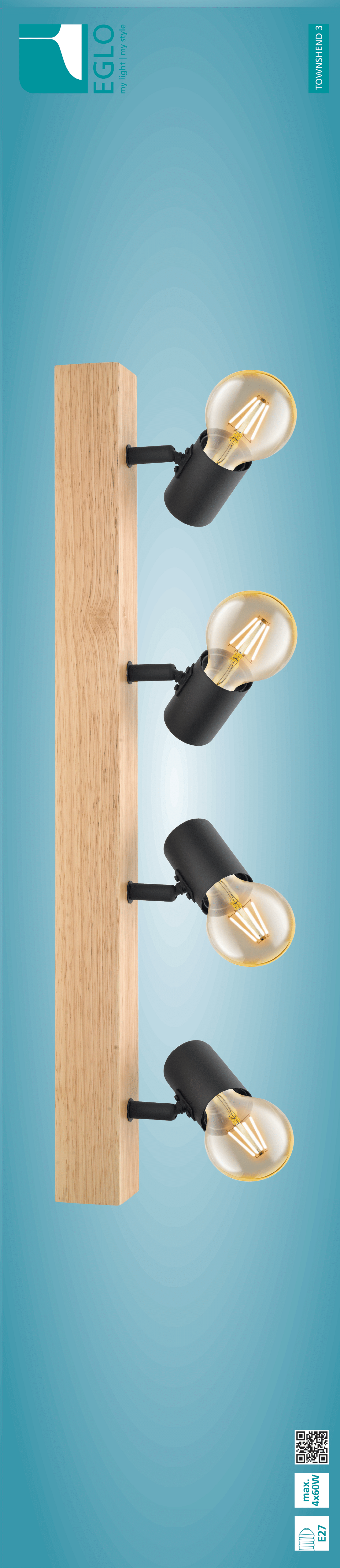 Barra de focos 4 luces Townshend madera y negro - 5
