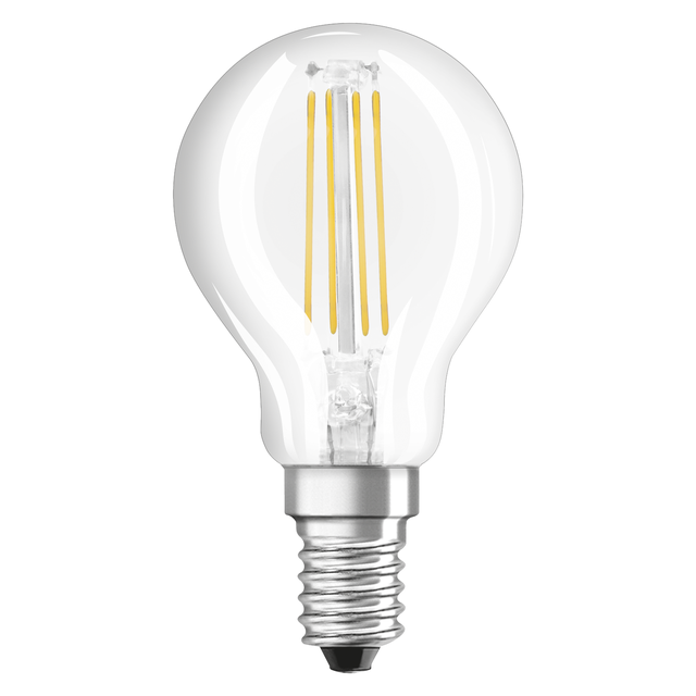 Pack de 3 bombillas LED E14 filamento forma esférica 470 lúmenes 4W color de la luz blanco cálido 2700K CRI 89-80 luz natural y fiel  clase energética E