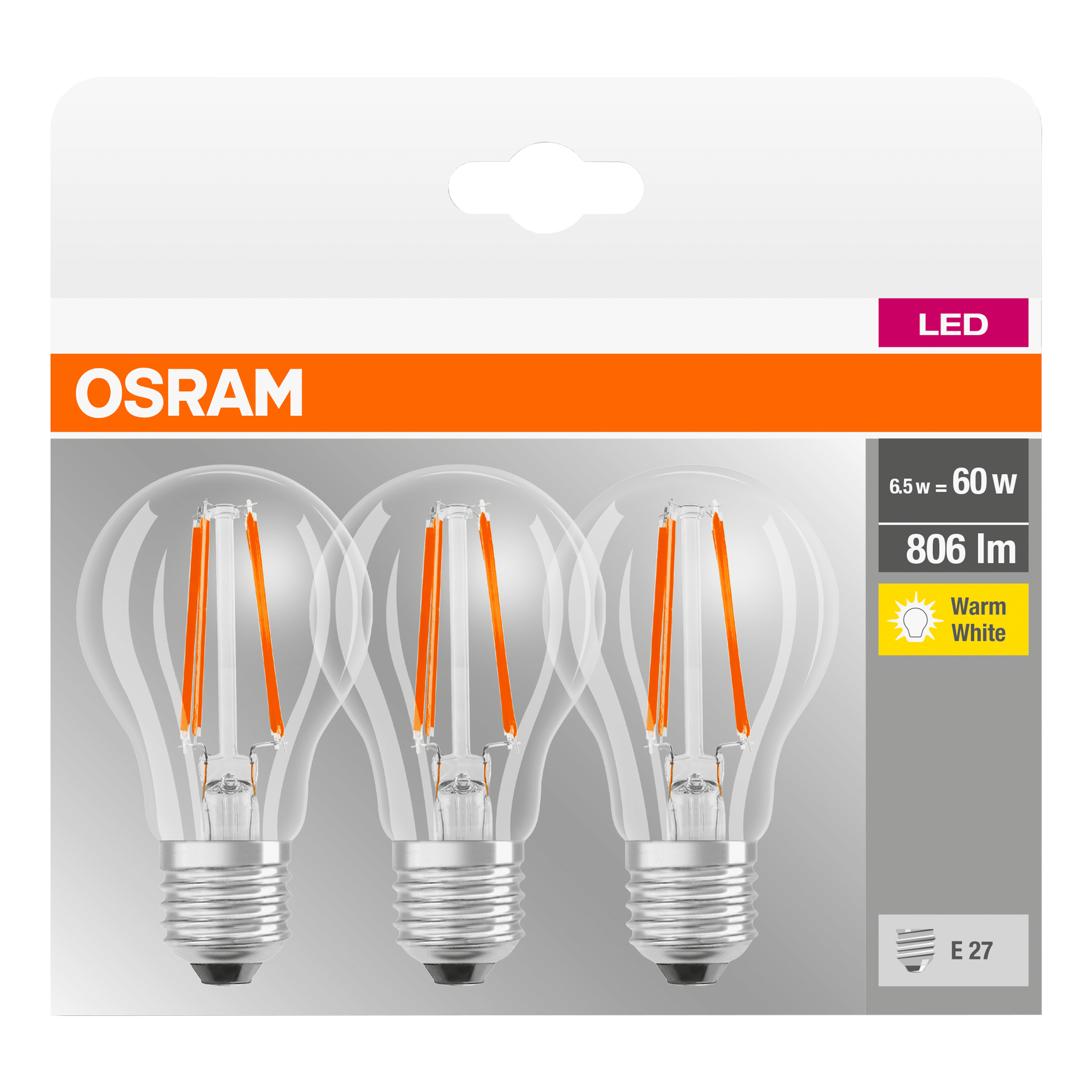 Set da 3 lampadine LED filamento, E27 goccia, opaco, luce calda, 6.5W = 806 LM (equiv 60 W), 300° OSRAM - 2
