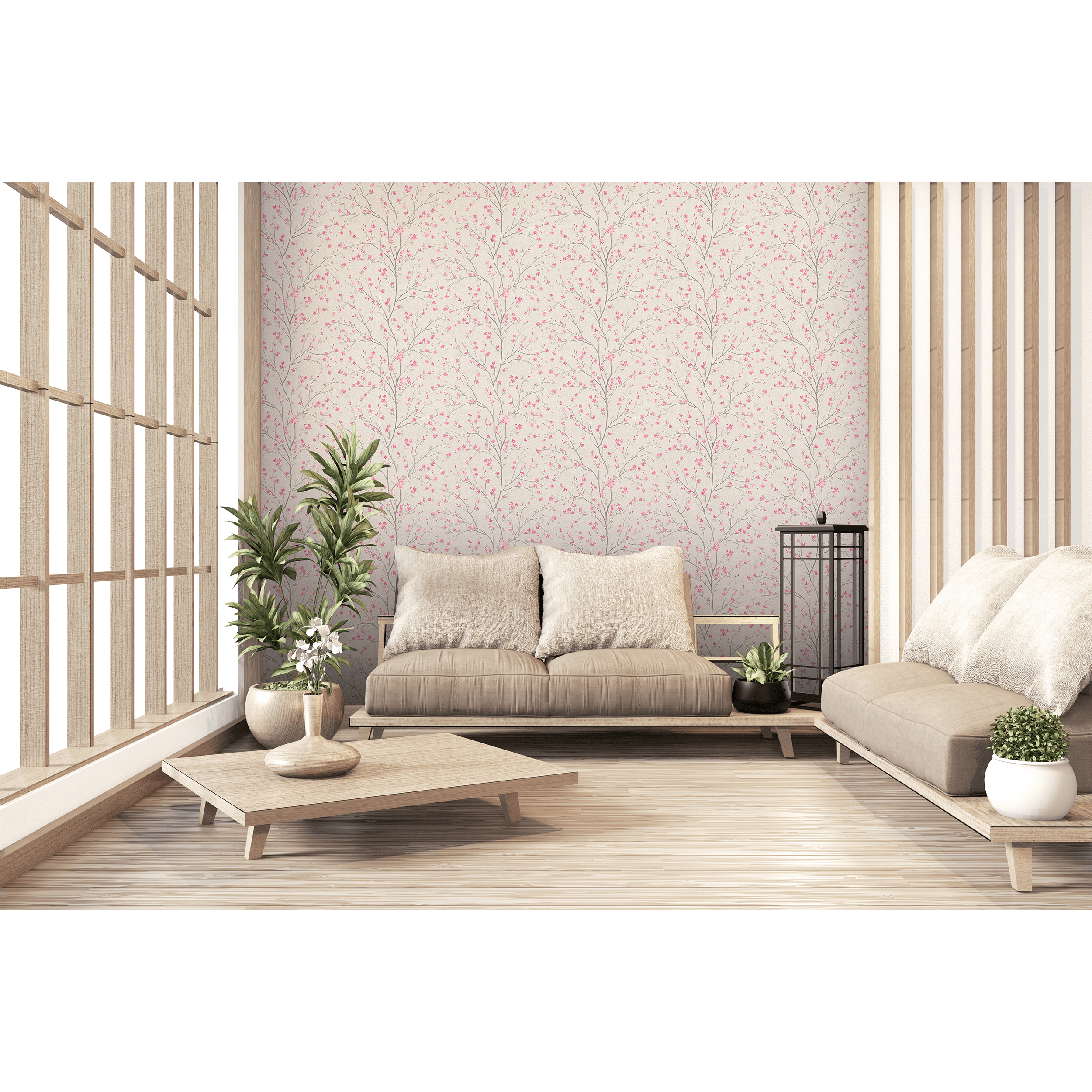Papel pintado vinilo aplicación cola en pared Floral vegetal Flor japón 379121 rosa  A.S. CREATION 53cmx10.05m superlavable apto para cocinas o baños