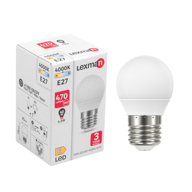 Ampoule led, sphérique E27, 470lm = 40W, blanc neutre, LEXMAN