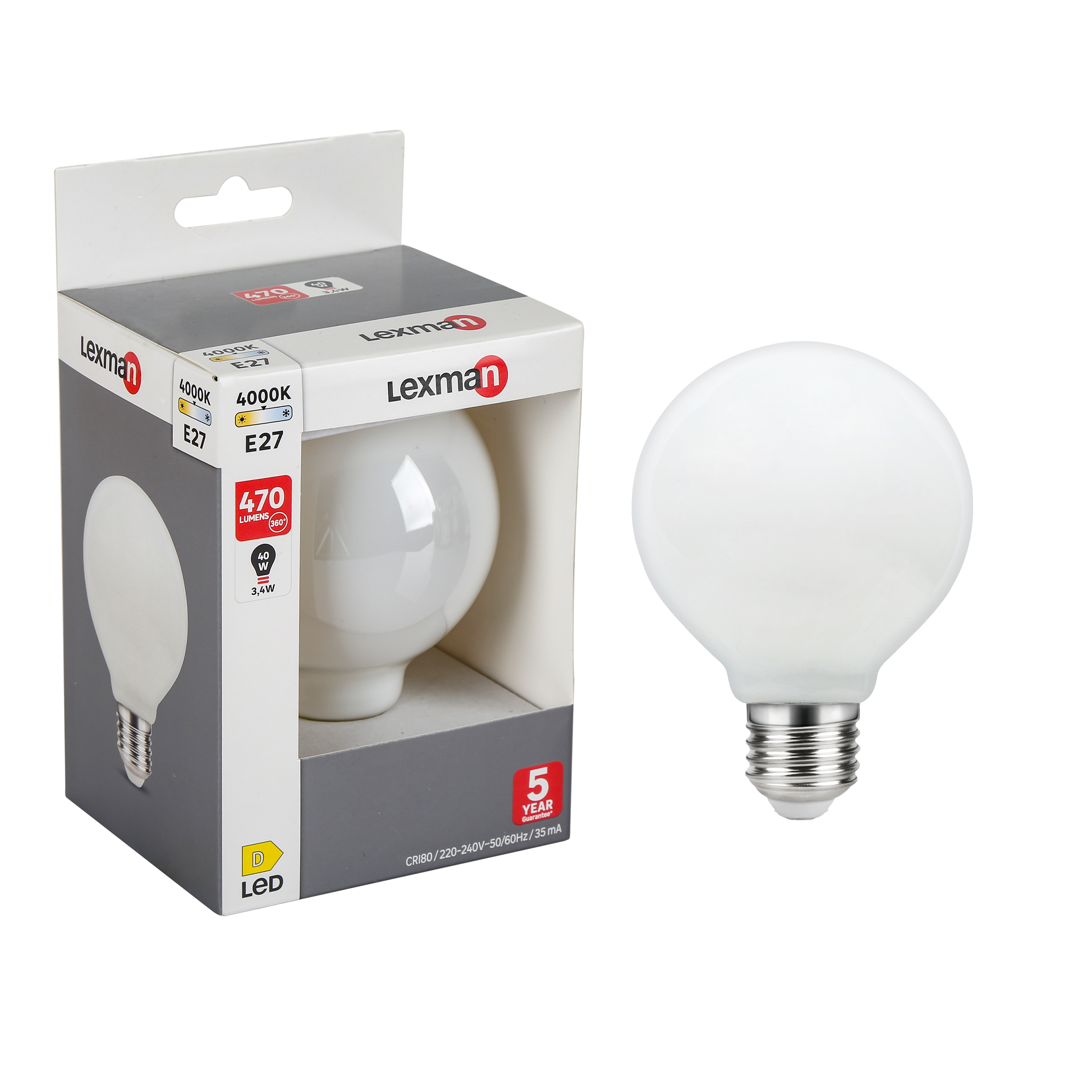 Ampoule LED Globe G200 4,5W (équiv. 40W) - E27, 470lm, 2700K, Variateur, Neuf
