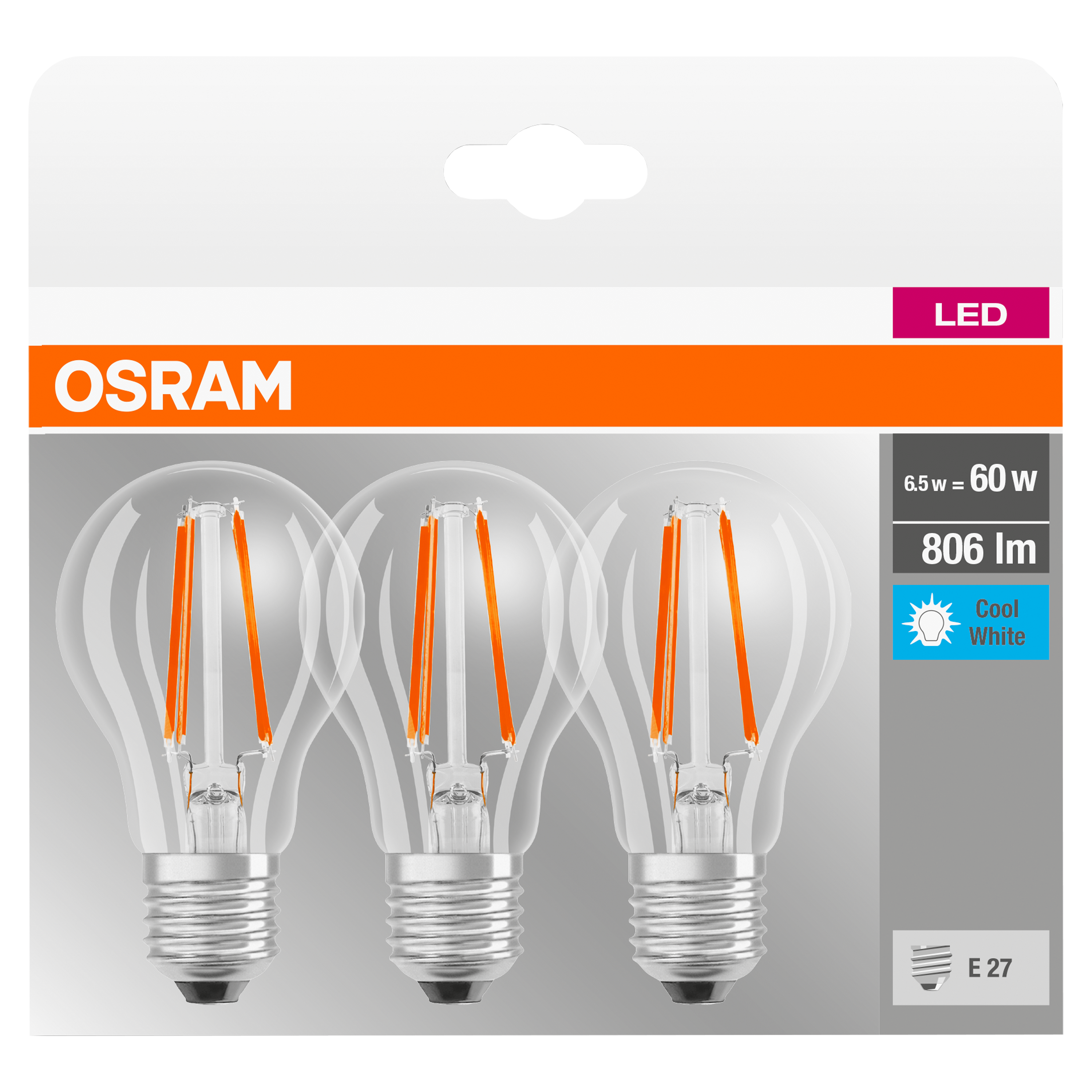 Set da 3 lampadine LED, E27 goccia, opaco, luce naturale, 6.5W= 470 LM (equiv 60 W), 300°, OSRAM - 3
