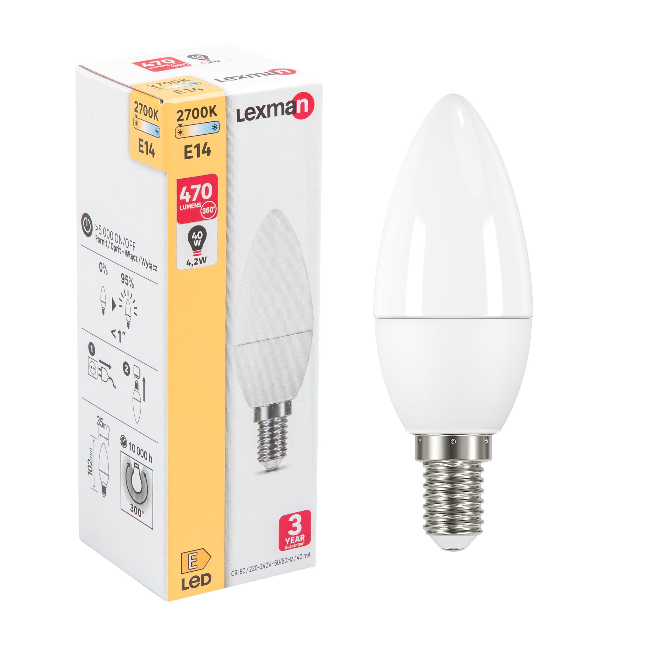 Ampoule led flamme lisse e14 2w=40w 470lm depoli 4000k classe a lexman Ampoule led flamme lisse e14 2w=40w 470lm depoli 4000k classe a lexman