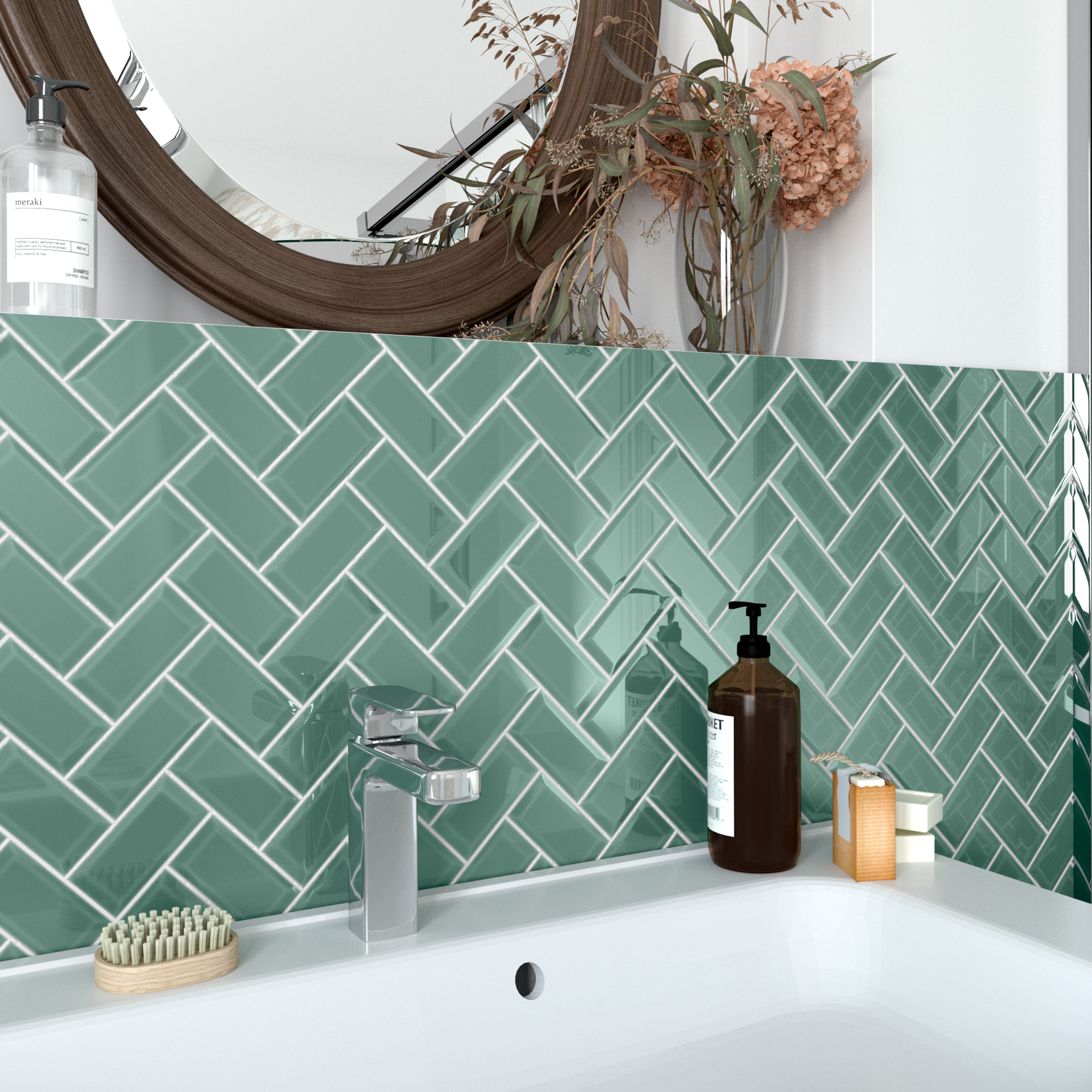 Mosaico in porcellana Metro Chevron verde lucido L 34 x L 31cm x Sp. 6.5 mm - 3