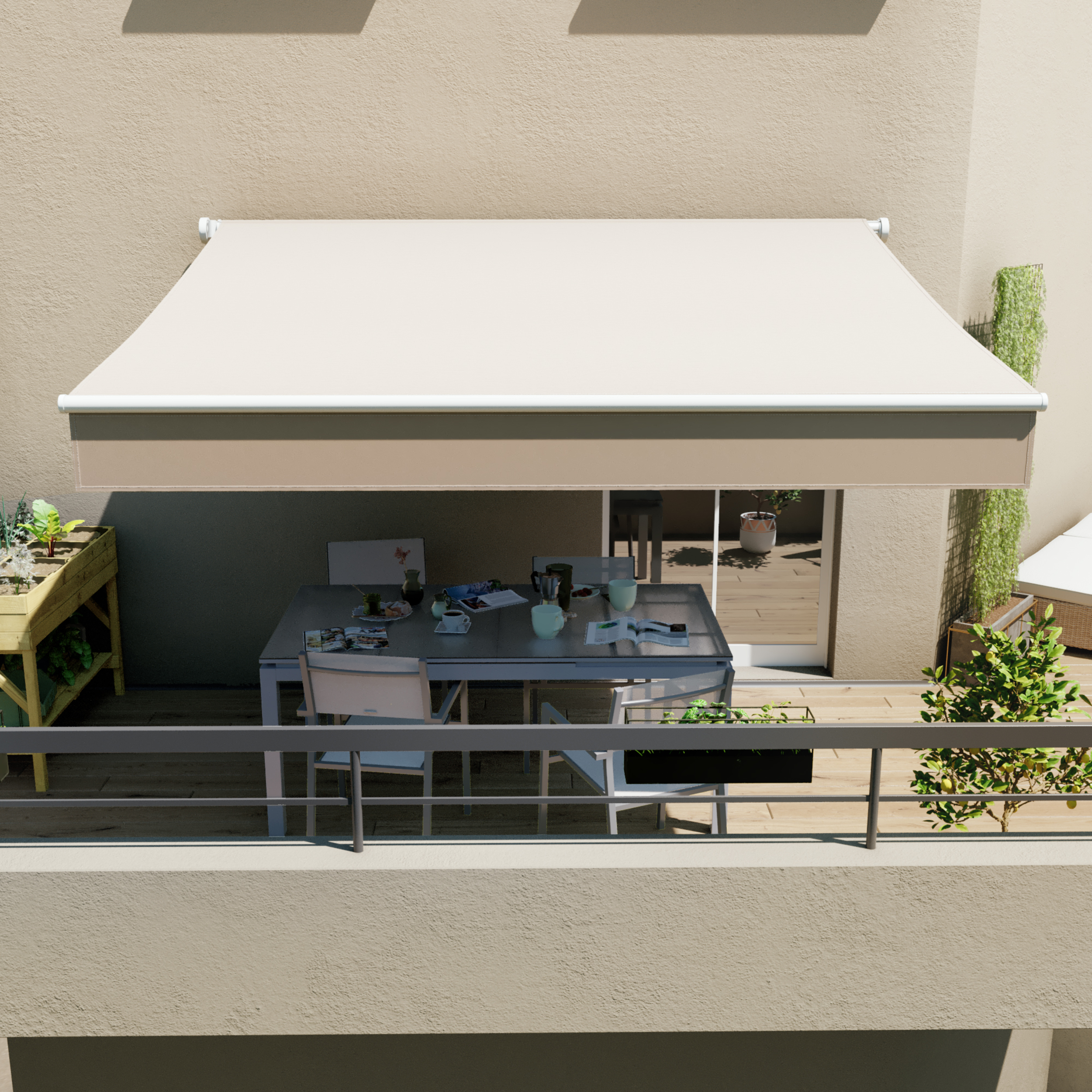 Toldo brazo extensible terraza Calima manual blanco con tela beige 3.95x3 m - 3