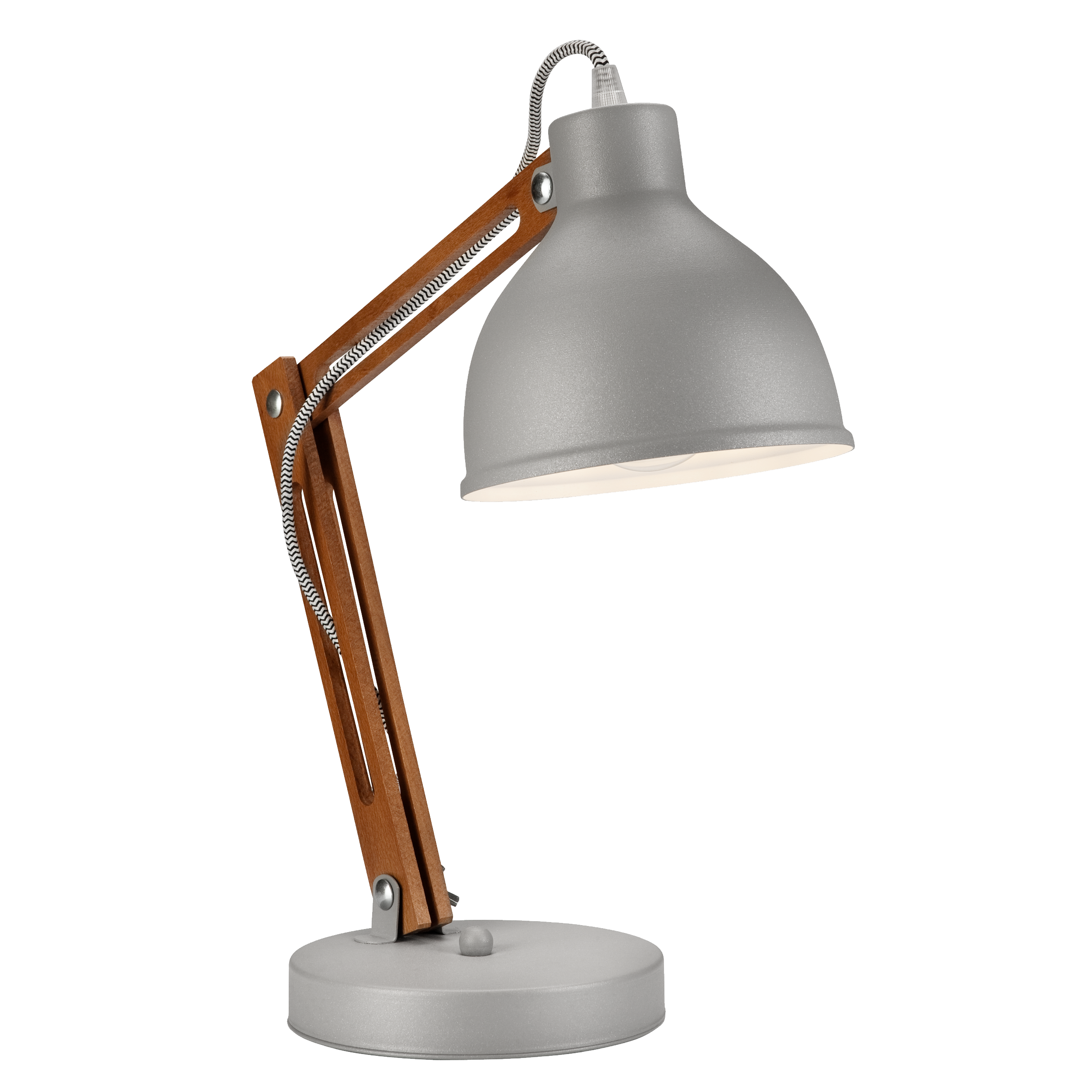 Lampka biurkowa Marcello szara z drewnem E27 Lamkur