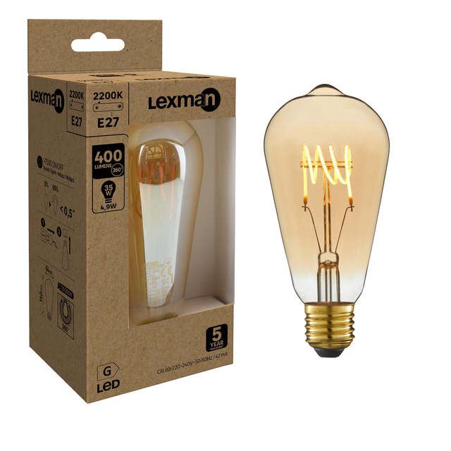 Lampadina LED, E27 goccia, ambrato, luce calda, 4.9W= 400 LM (equiv 35 W), 330°, LEXMAN