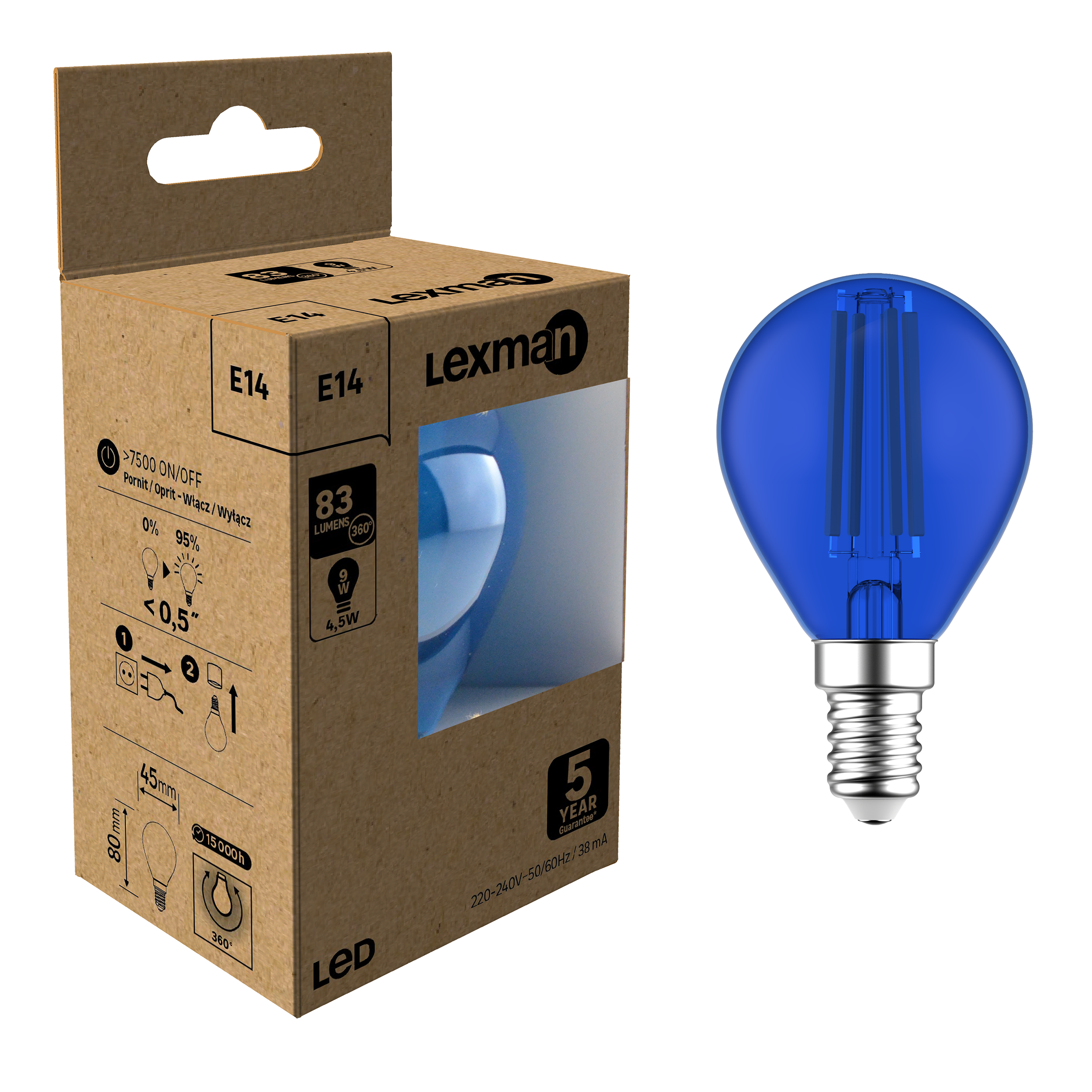 Ampoule led sphérique bleue E14, 18Lm = 9W, LEXMAN | Leroy Merlin
