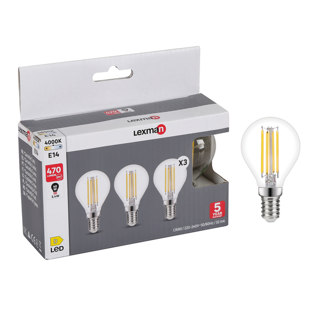3 ampoules led à filament sphérique E14, 470Lm = 40W, blanc neutre, LEXMAN