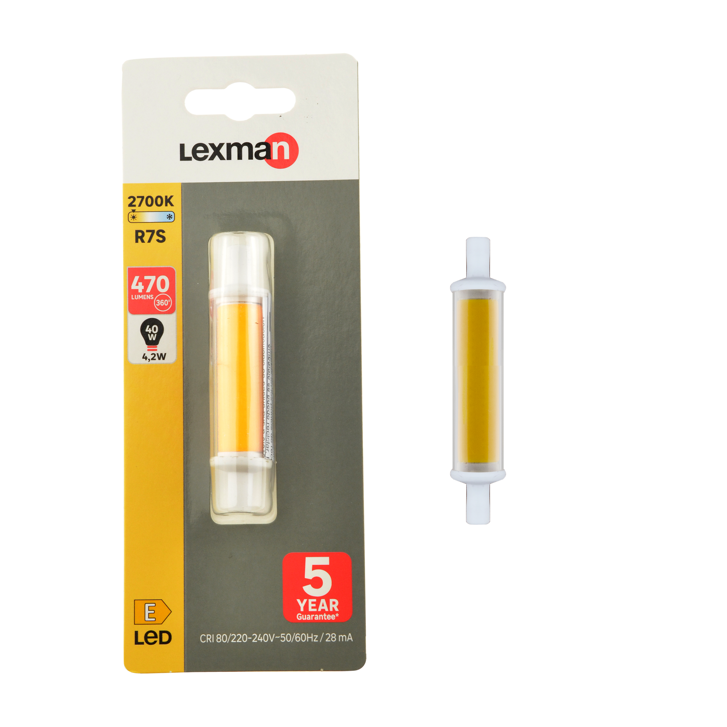 Ampoule led, crayon R7S, 470lm = 40W, blanc chaud, LEXMAN | Leroy Merlin
