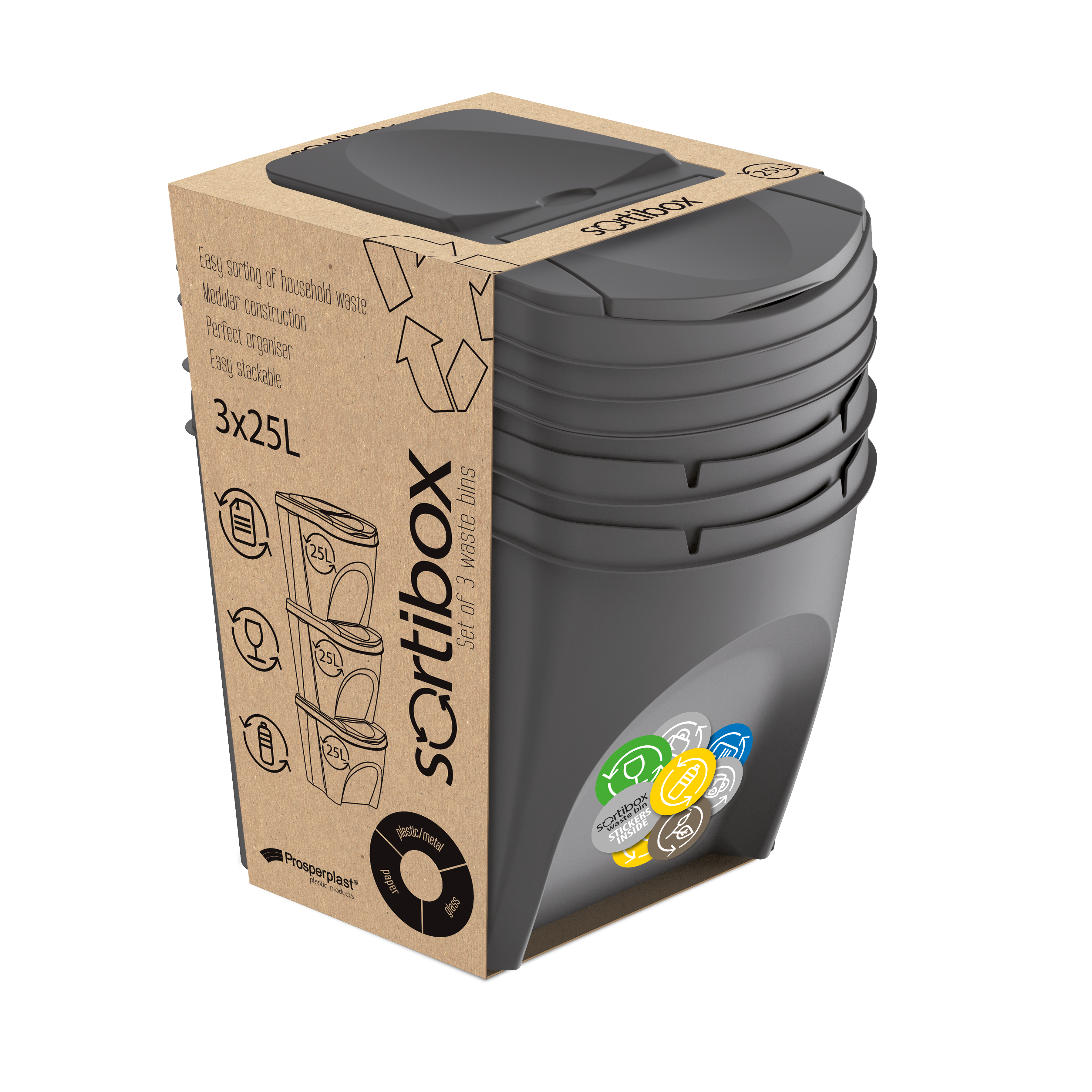 Zestaw koszy na śmieci Sortibox 3 x 25 l KWB Prosperplast - 2