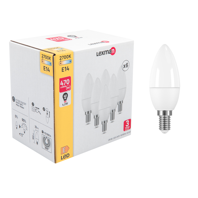 Lot de 6 ampoules led plastique, flamme, E14, 470Lm = 40W, blanc chaud, LEXMAN