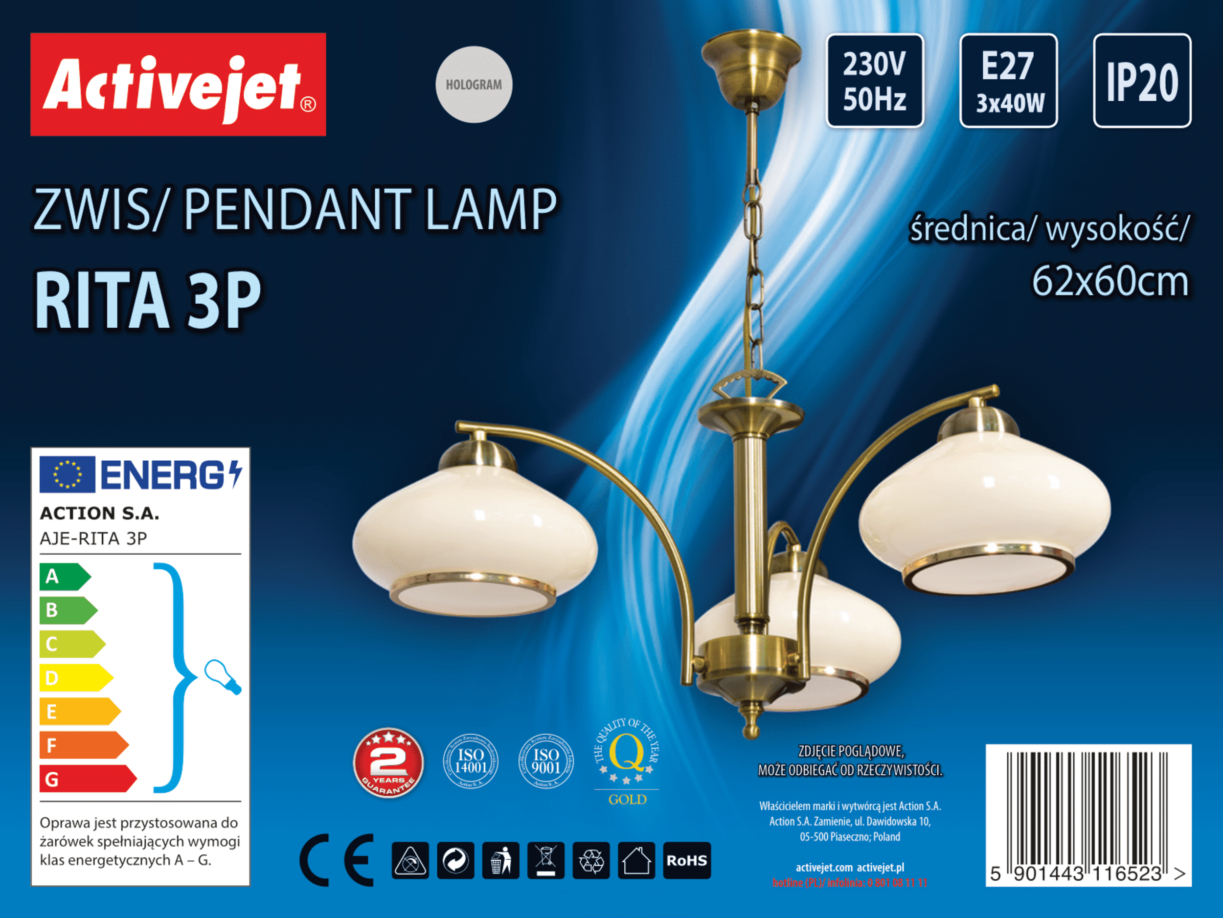 Żyrandol Rita złoty patyna 3 x E27 Activejet - 6