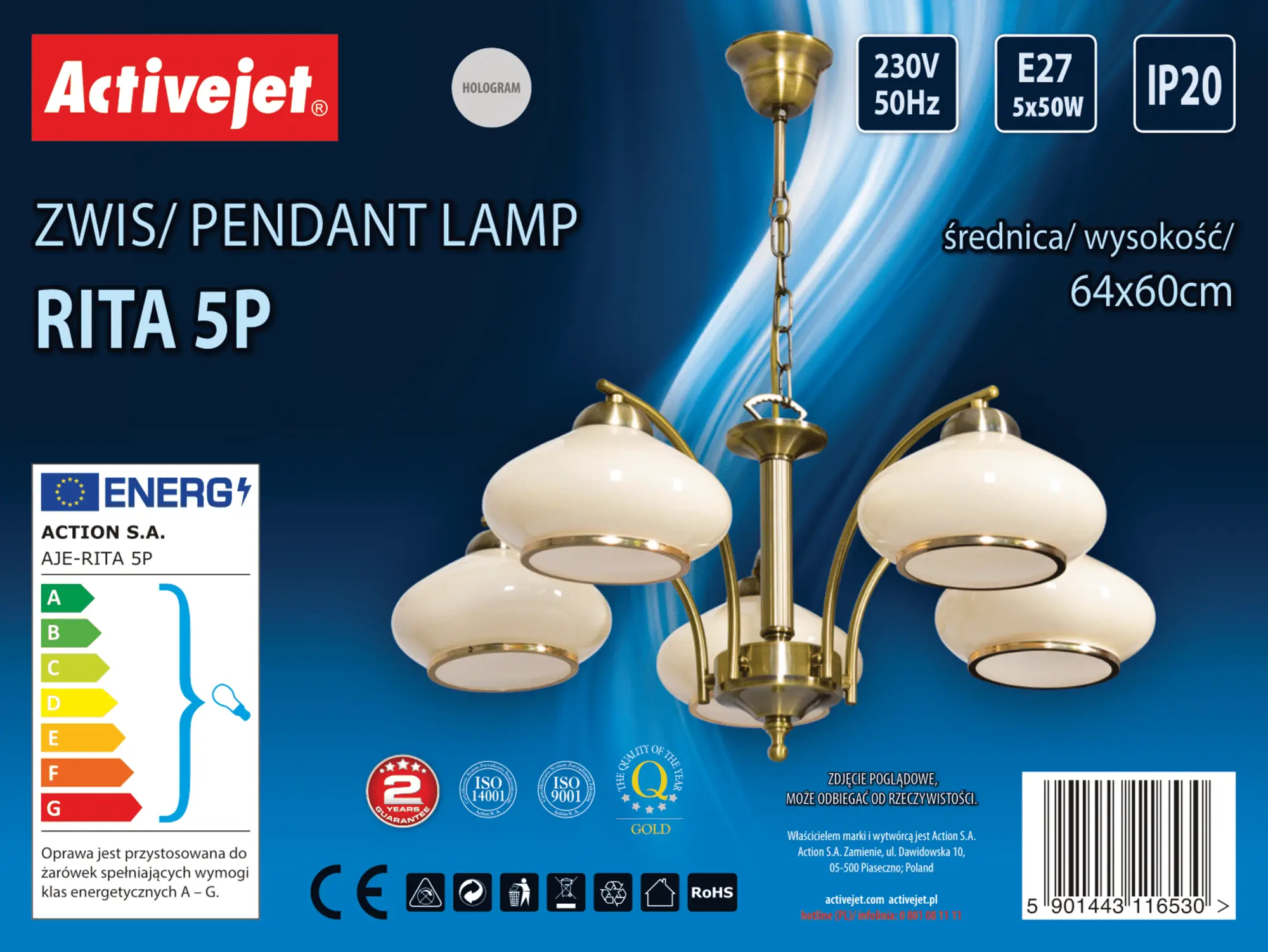 Żyrandol Rita złoty patyna 5 x E27 Activejet - 7