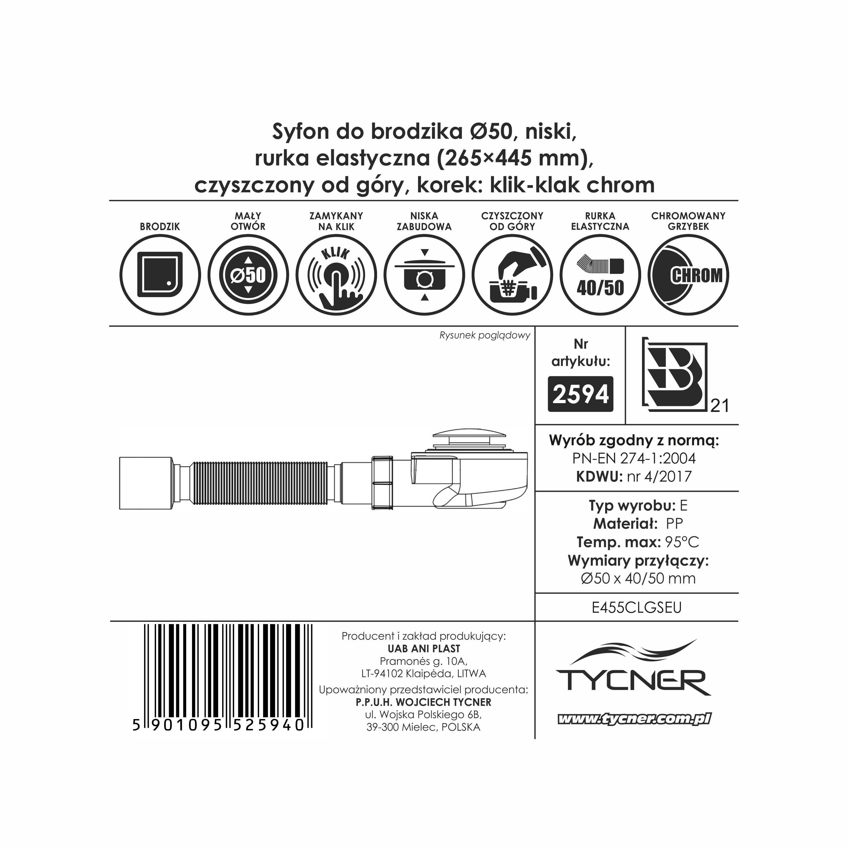 Syfon brodzika 50 mm KLIK-KLAK chrom INSTADRAIN - 2