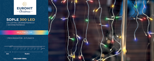 Kurtyna zewnętrzna sople 11 m 300 LED multikolor