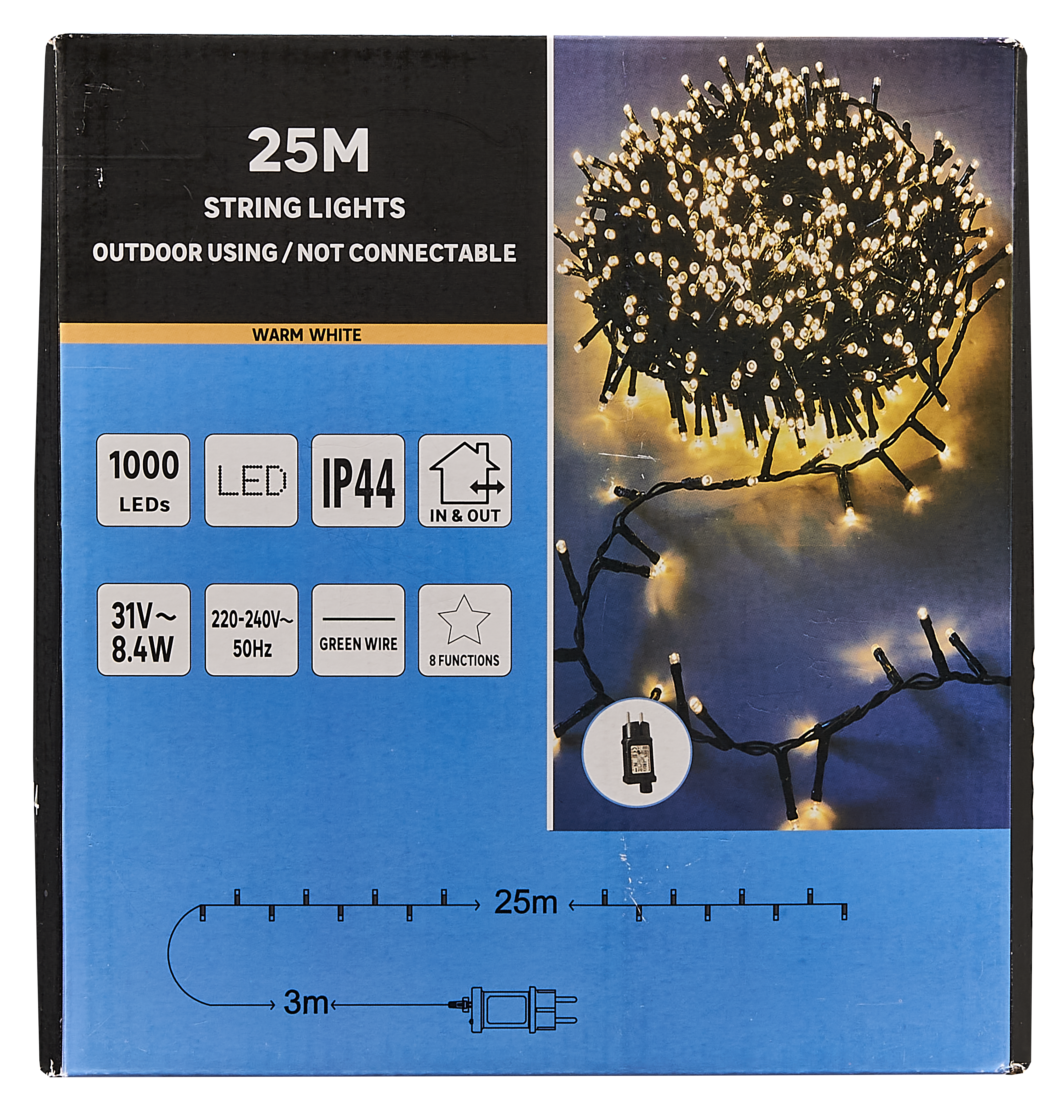 Lampki choinkowe zewnętrzne 25m 1000LED 8 funkcji ciepła biel - 5