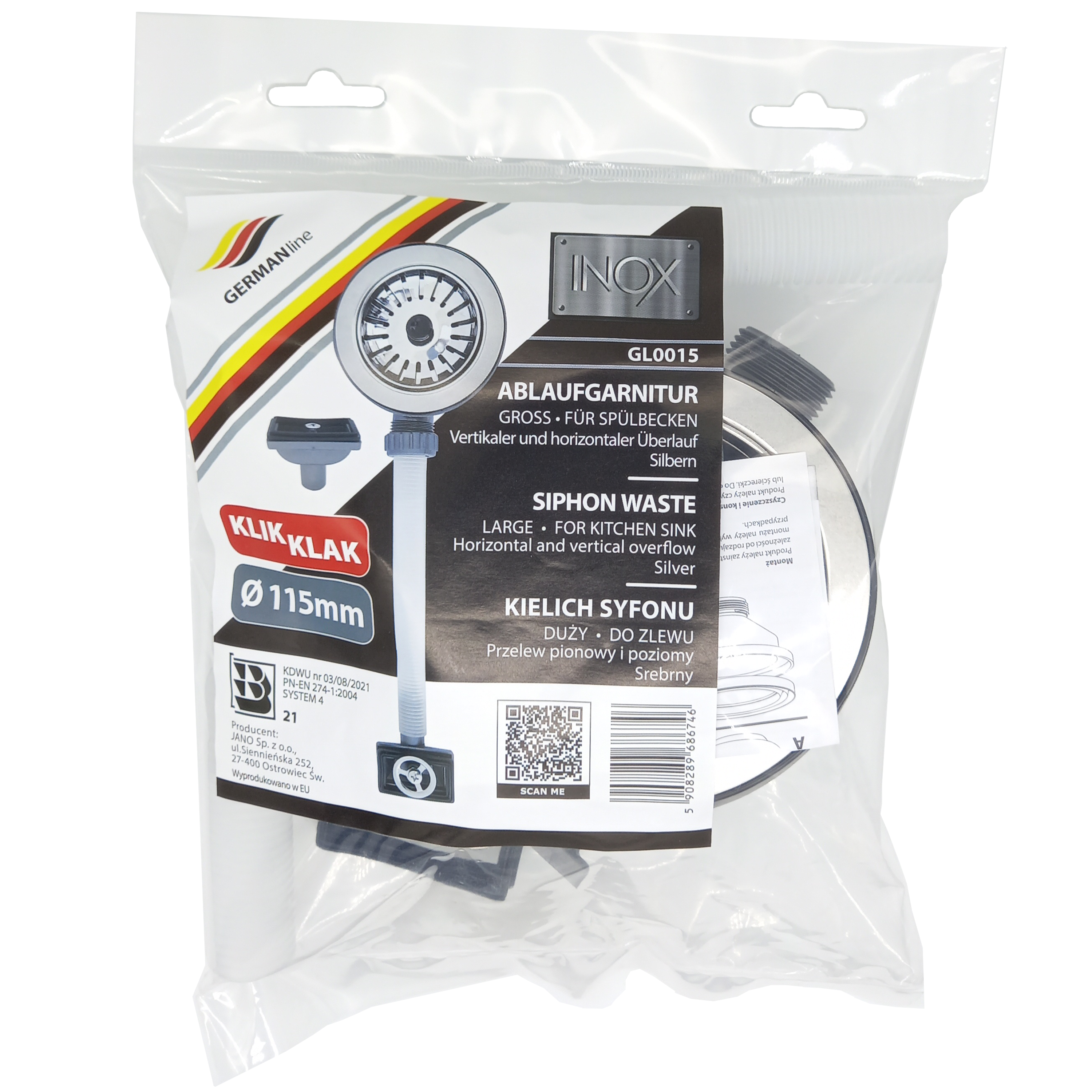 Spust 90 mm KLIK-KLAK z przelewem GL0015 chrom GERMANLINE - 2